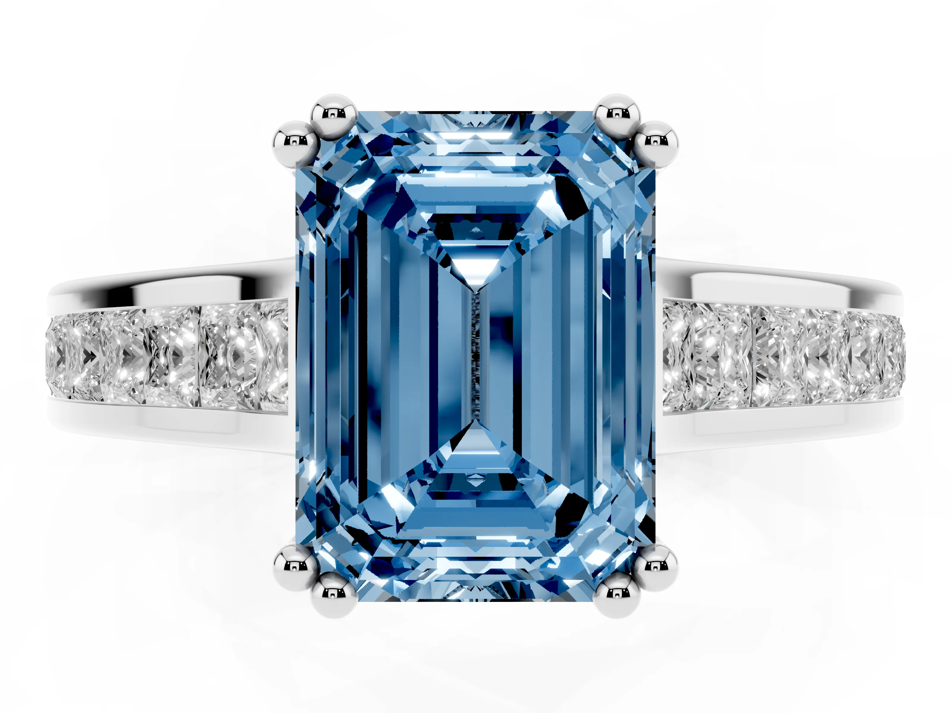 Fancy Blue Emerald Cut Diamond Channel Set Solitaire Engagement Ring Set in Platinum with Prong Setting
