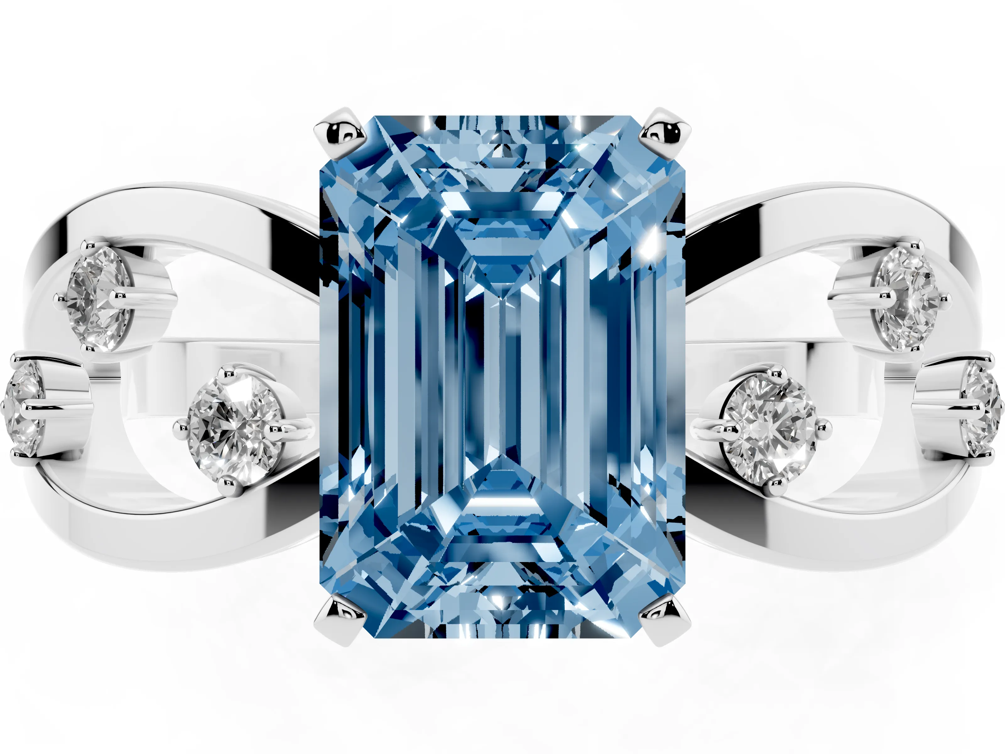 Fancy Blue Emerald Cut Diamond Solitaire Ring Set in Platinum with Side Stones on Criss-Cross Band and Prong Setting