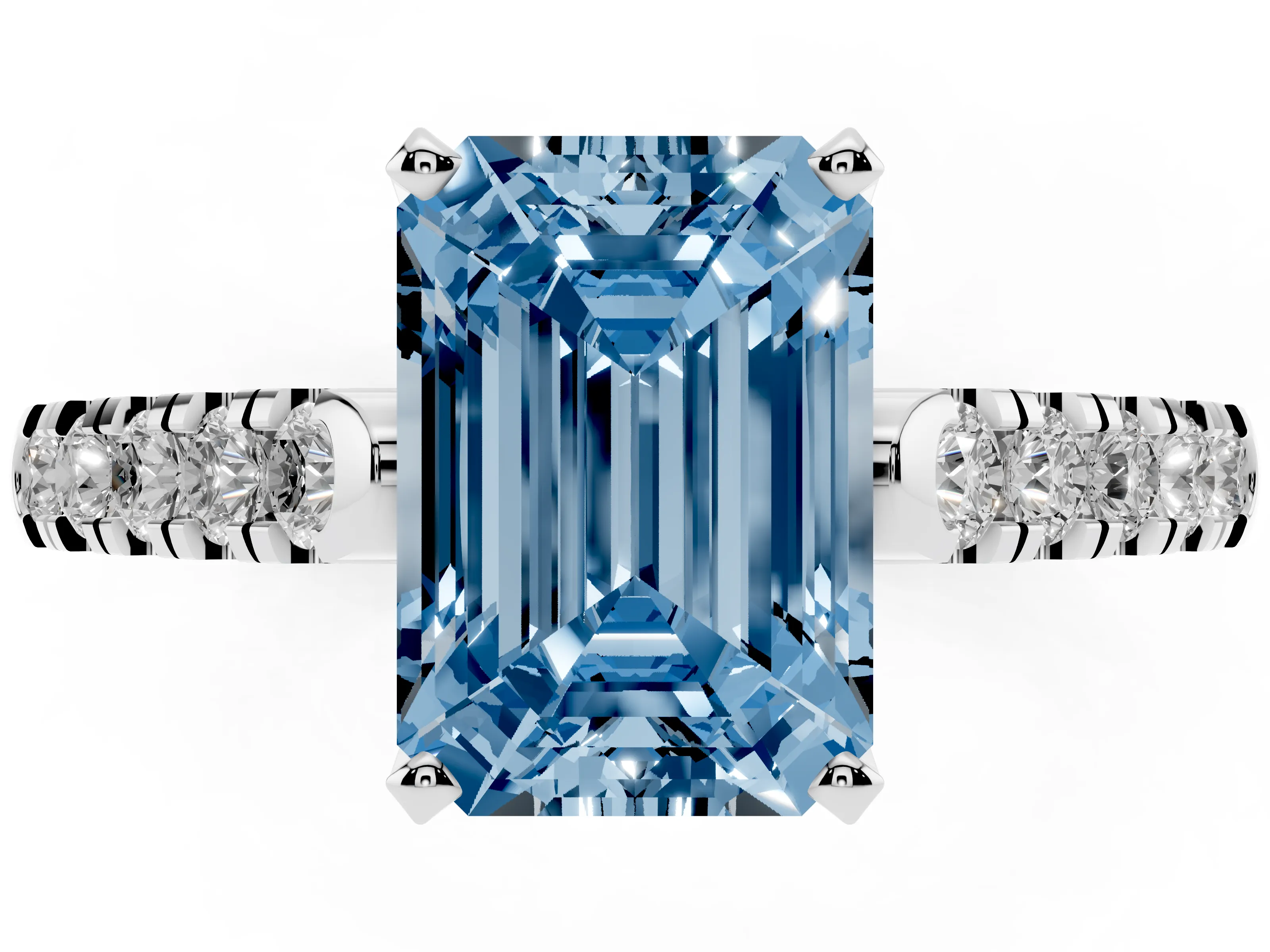 Fancy Blue Emerald Cut Diamond Pavé Band Solitaire Ring Set in White gold with Partway Accent Stones and Prong Setting