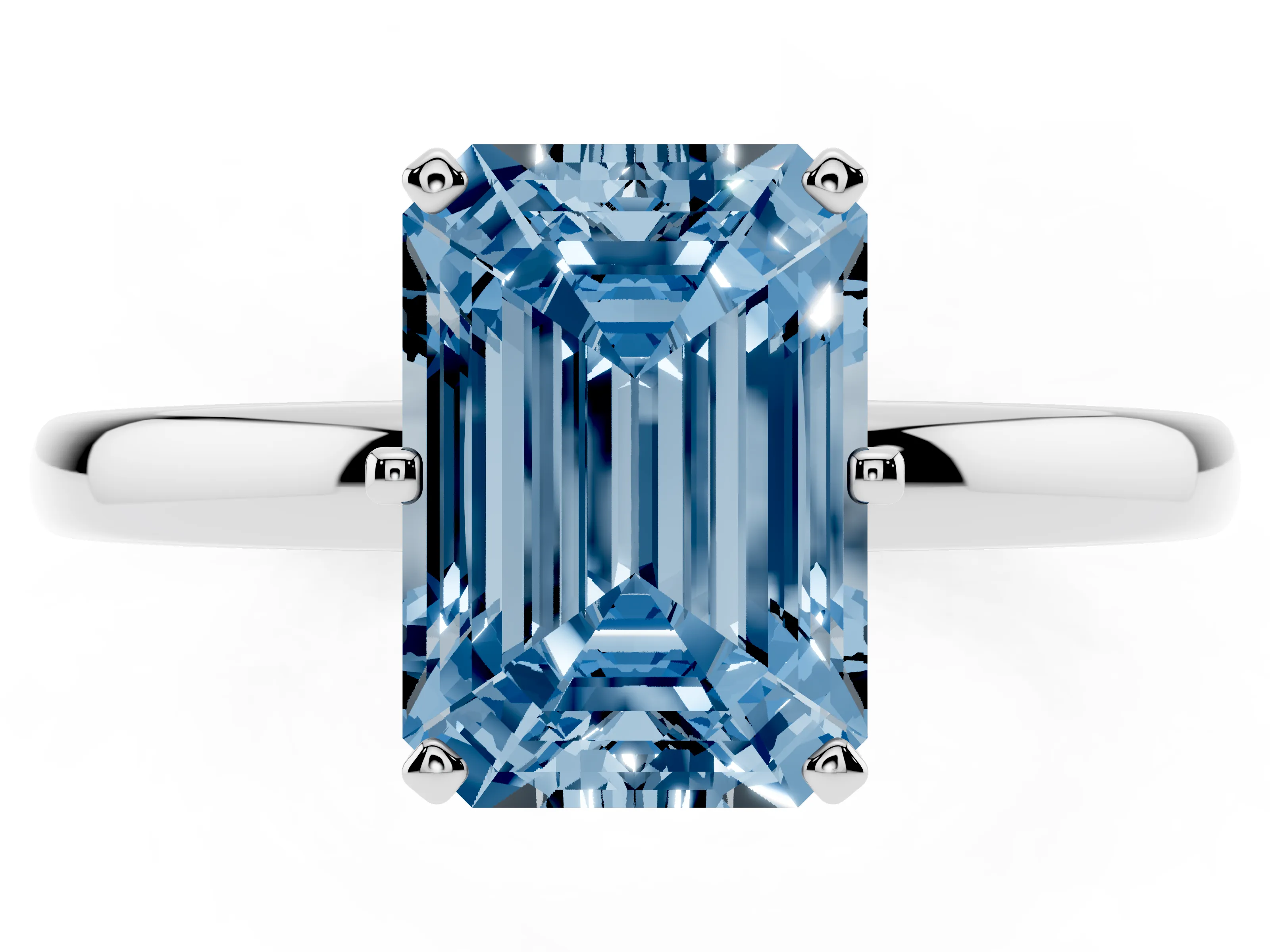 Fancy Blue Emerald Cut Diamond Solitaire Ring Set in Silver with Raised Prong Setting on a Classic Band