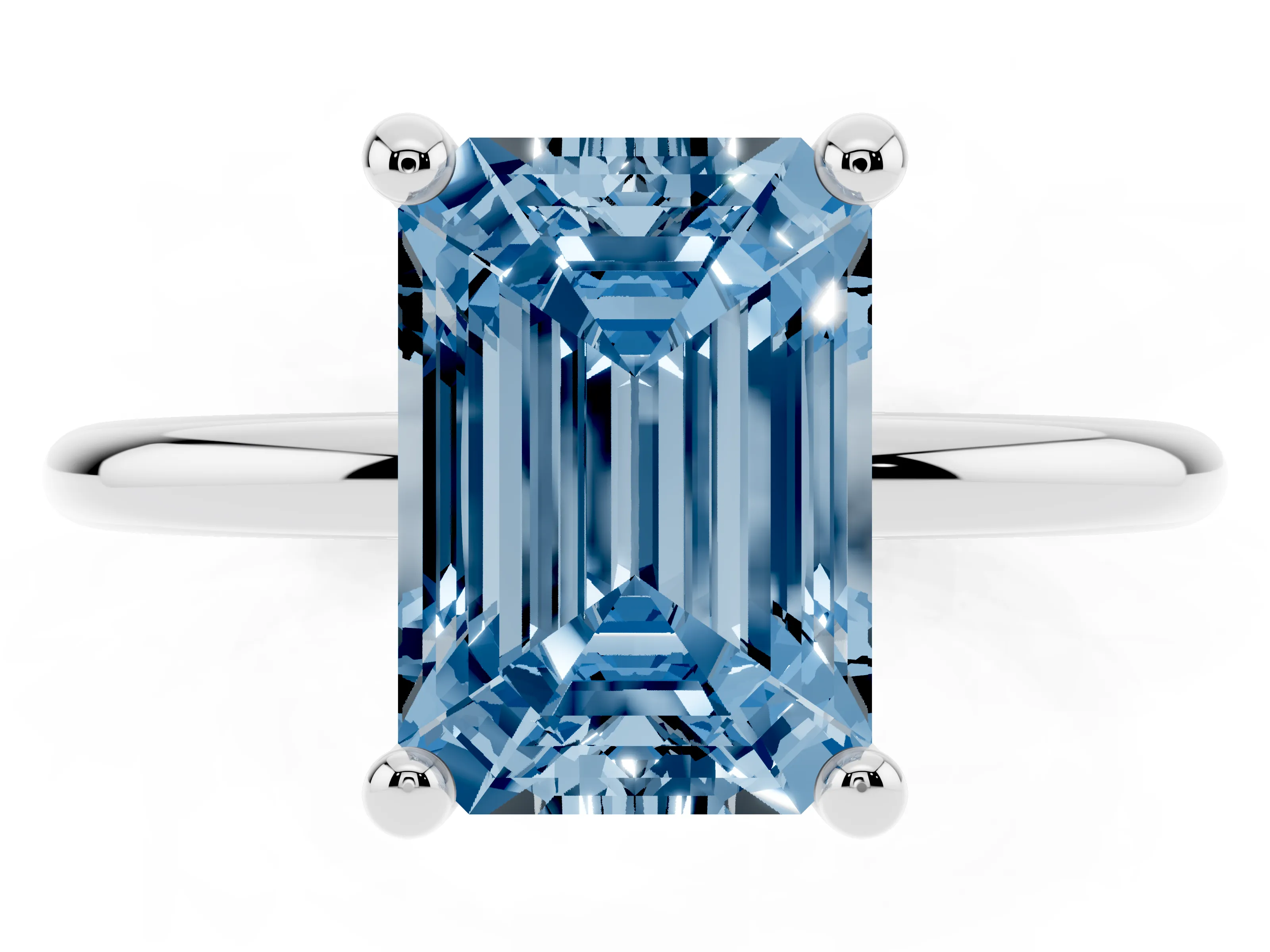 Fancy Blue Emerald Cut Diamond Solitaire Ring Set in Platinum with Secure Prong Setting on a Classic Band