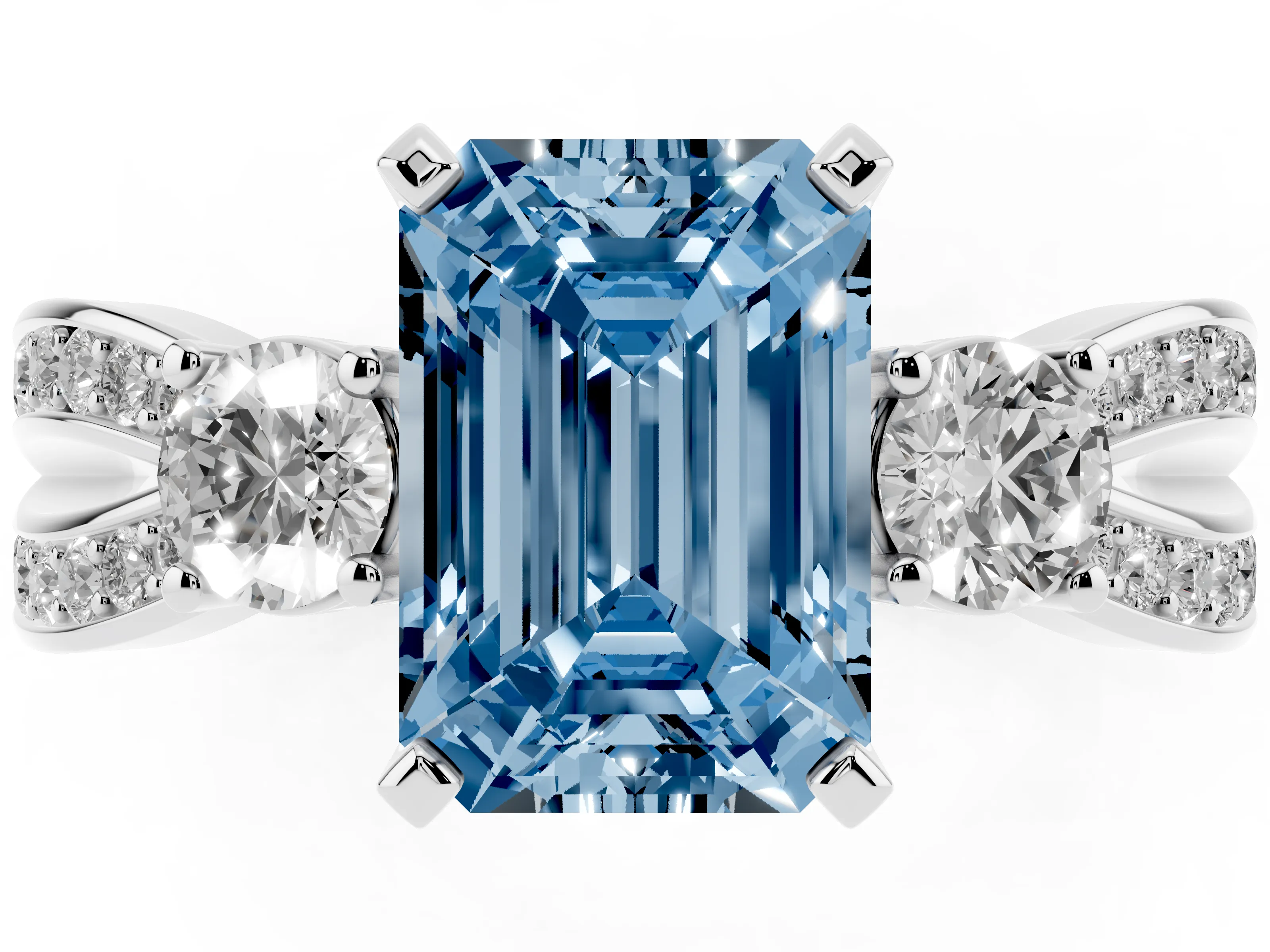 Fancy Blue Three-Stone Emerald Cut Diamond Twist Band Ring Set in White gold with Pavé Accents and Prong Setting