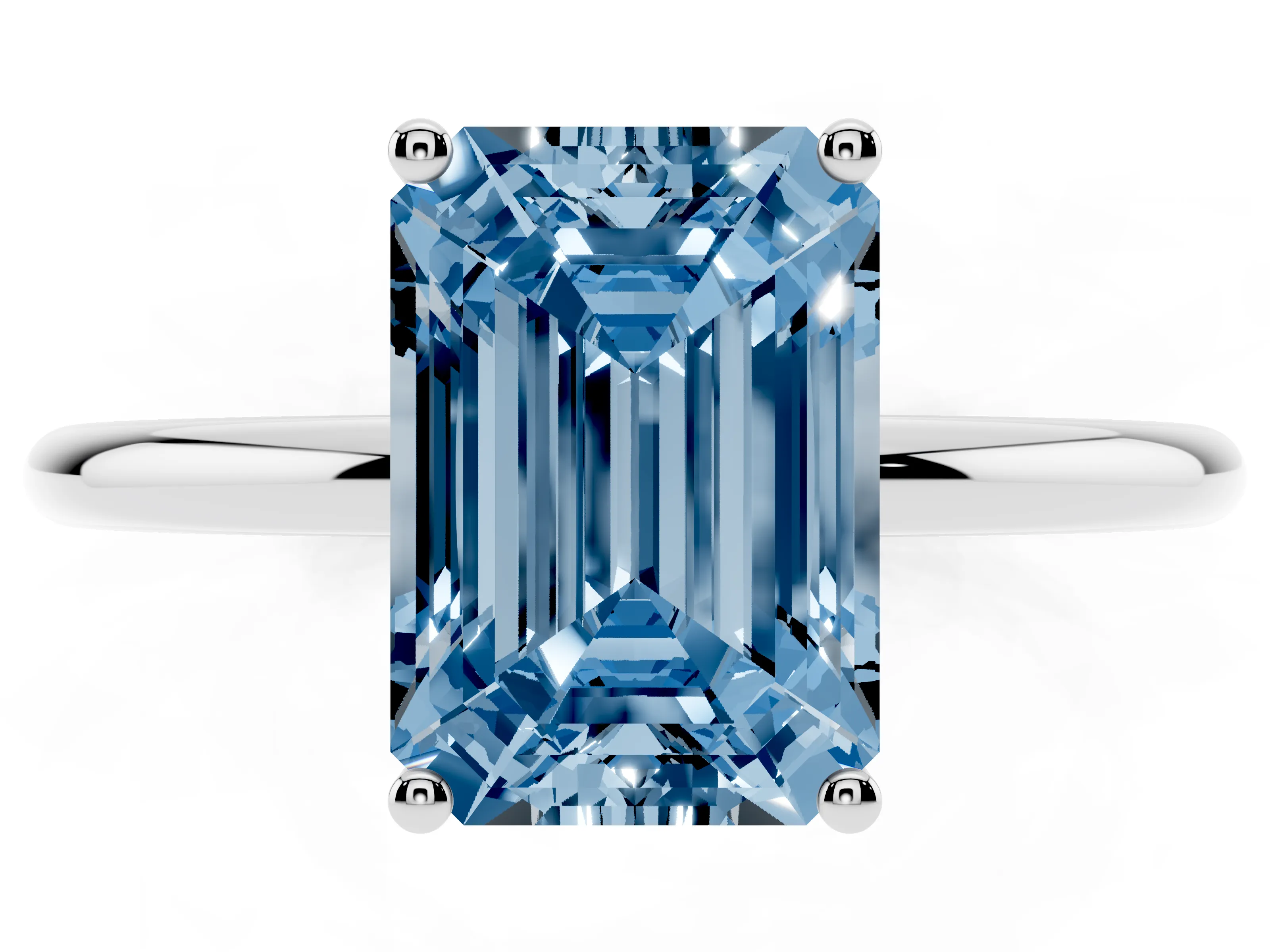 Fancy Blue Emerald Cut Diamond Solitaire Engagement Ring Set in Platinum with Thin Band and Prong Setting