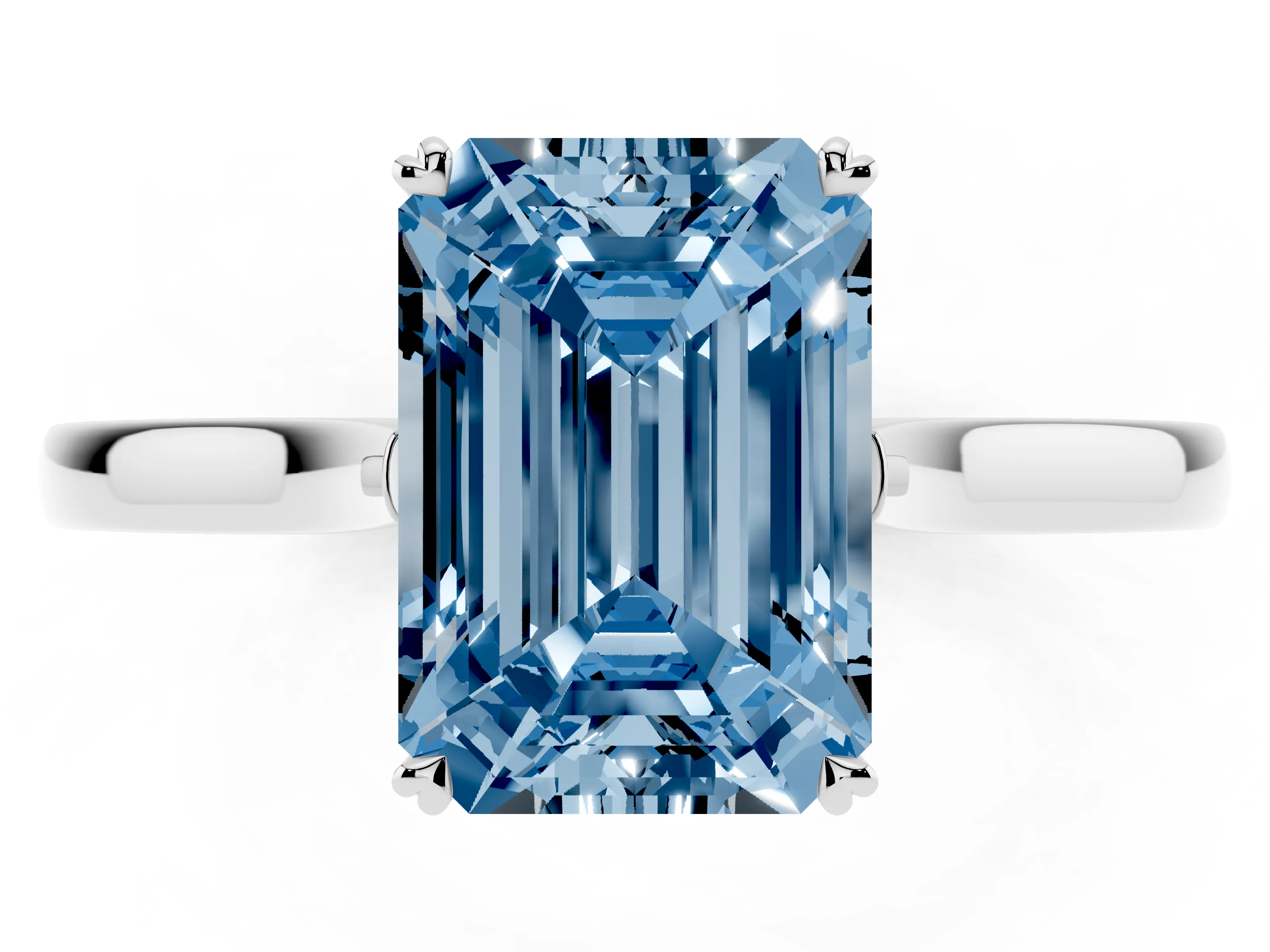 Fancy Blue Emerald Cut Diamond Solitaire Heart Prong Engagement Ring Set in Silver with Tapered Band