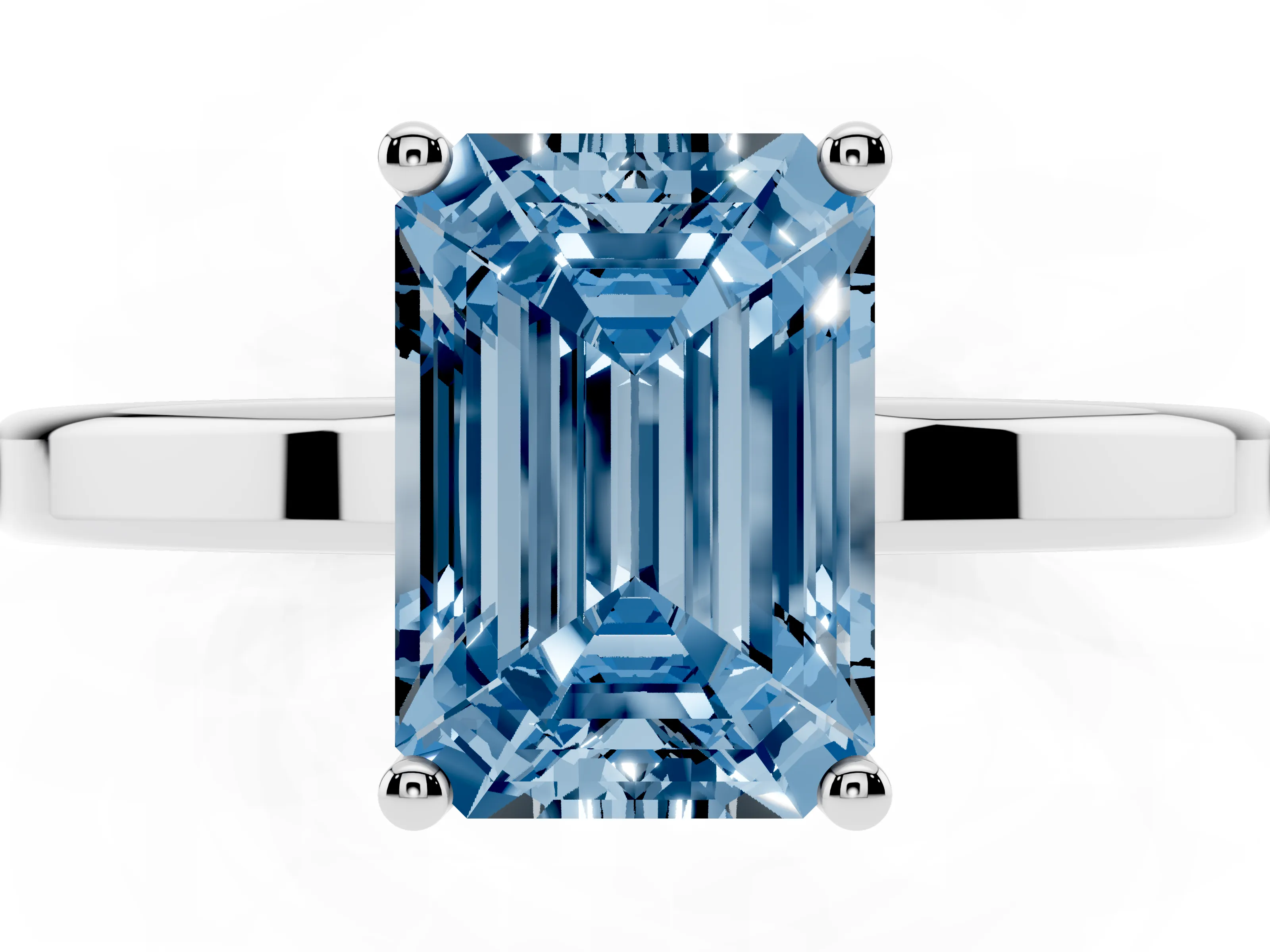 Fancy Blue Emerald Cut Diamond Solitaire Engagement Ring Set in Platinum with Prong Setting on a Plain Band