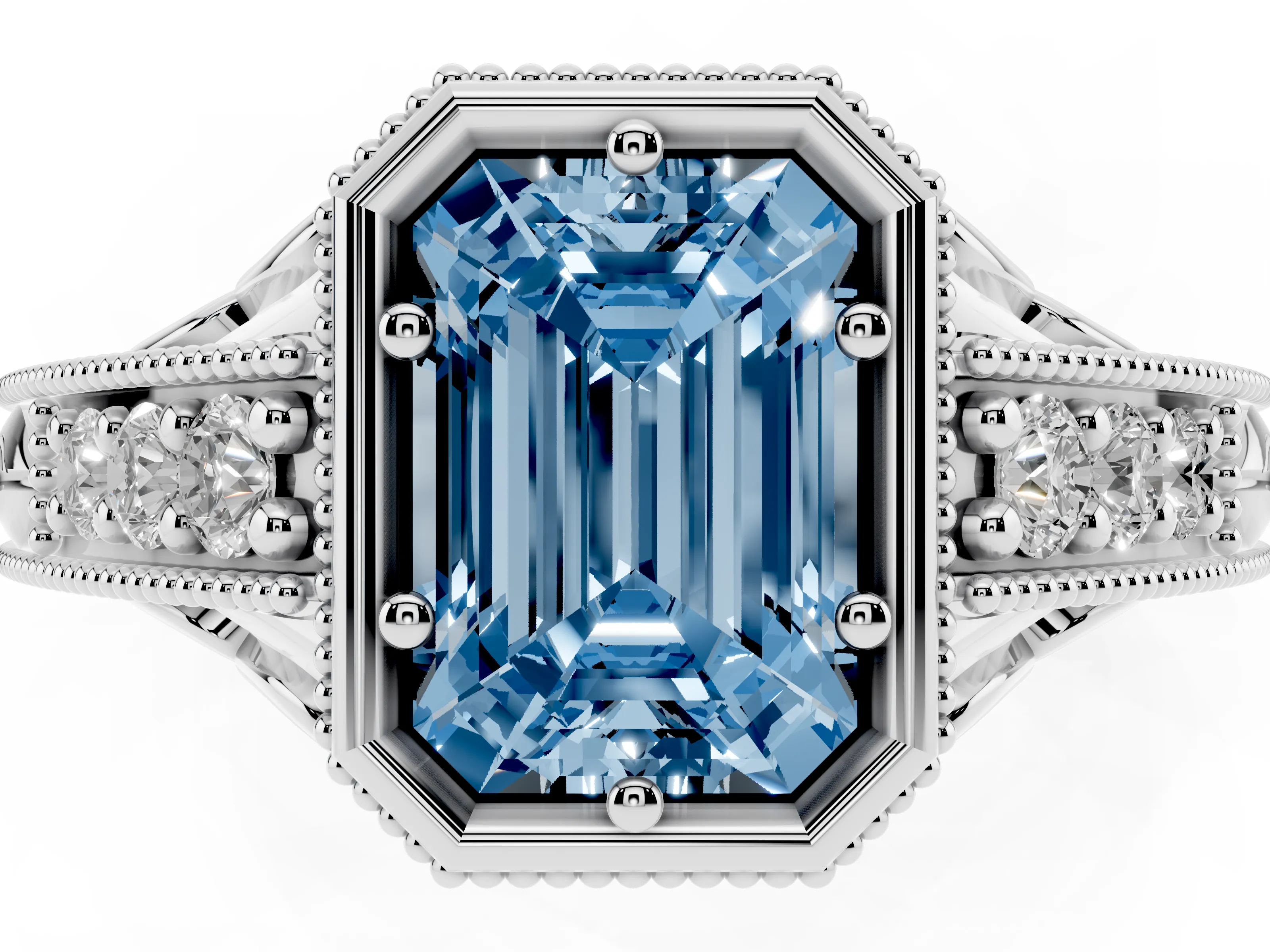 Fancy Blue Bezel Set Emerald Cut Diamond Milgrain Pavé Engagement Ring Set in Silver
