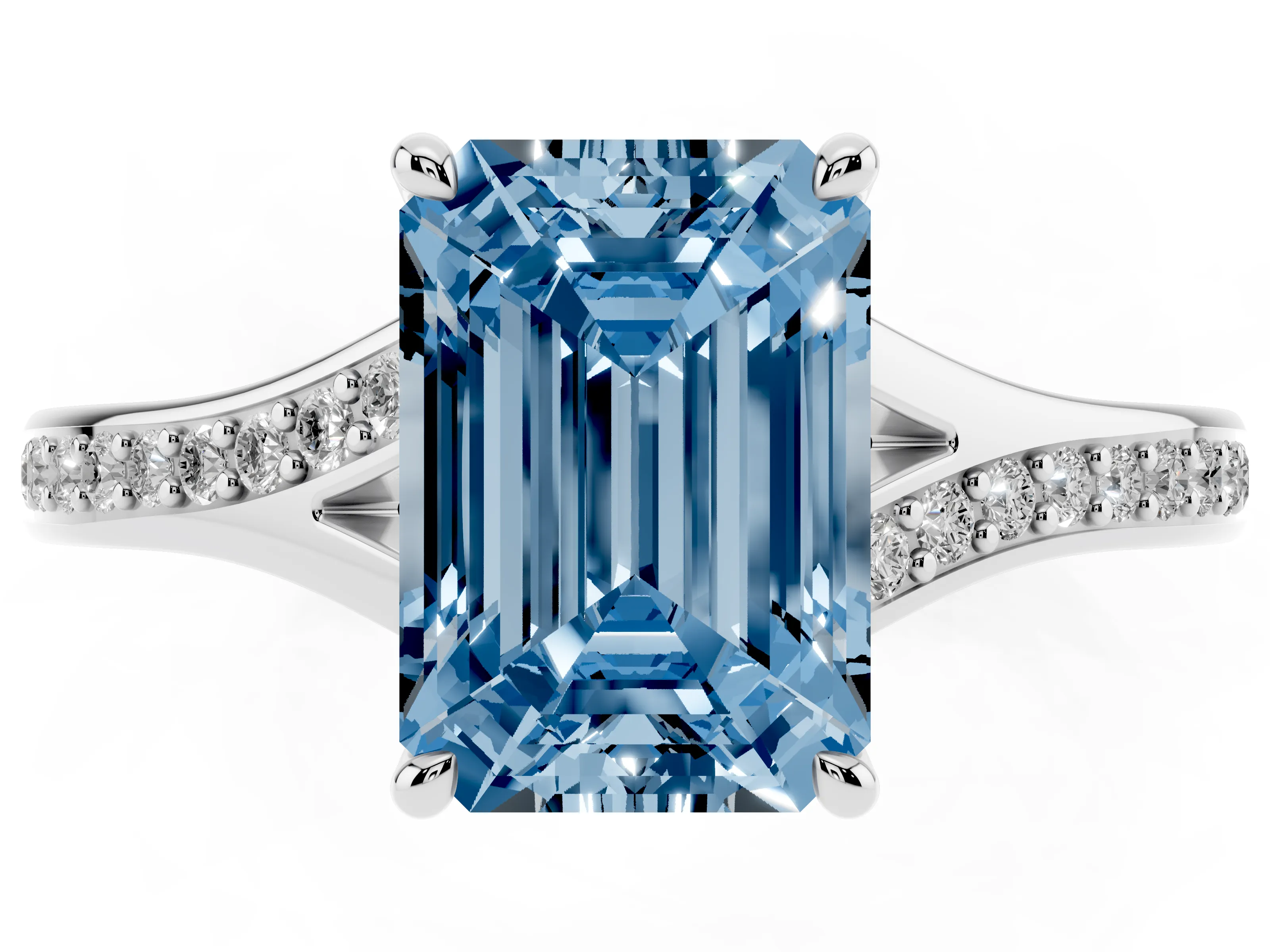 Fancy Blue Emerald Cut Diamond Solitaire Ring Set in Silver with Pavé Accent Band and Classic Prong Setting