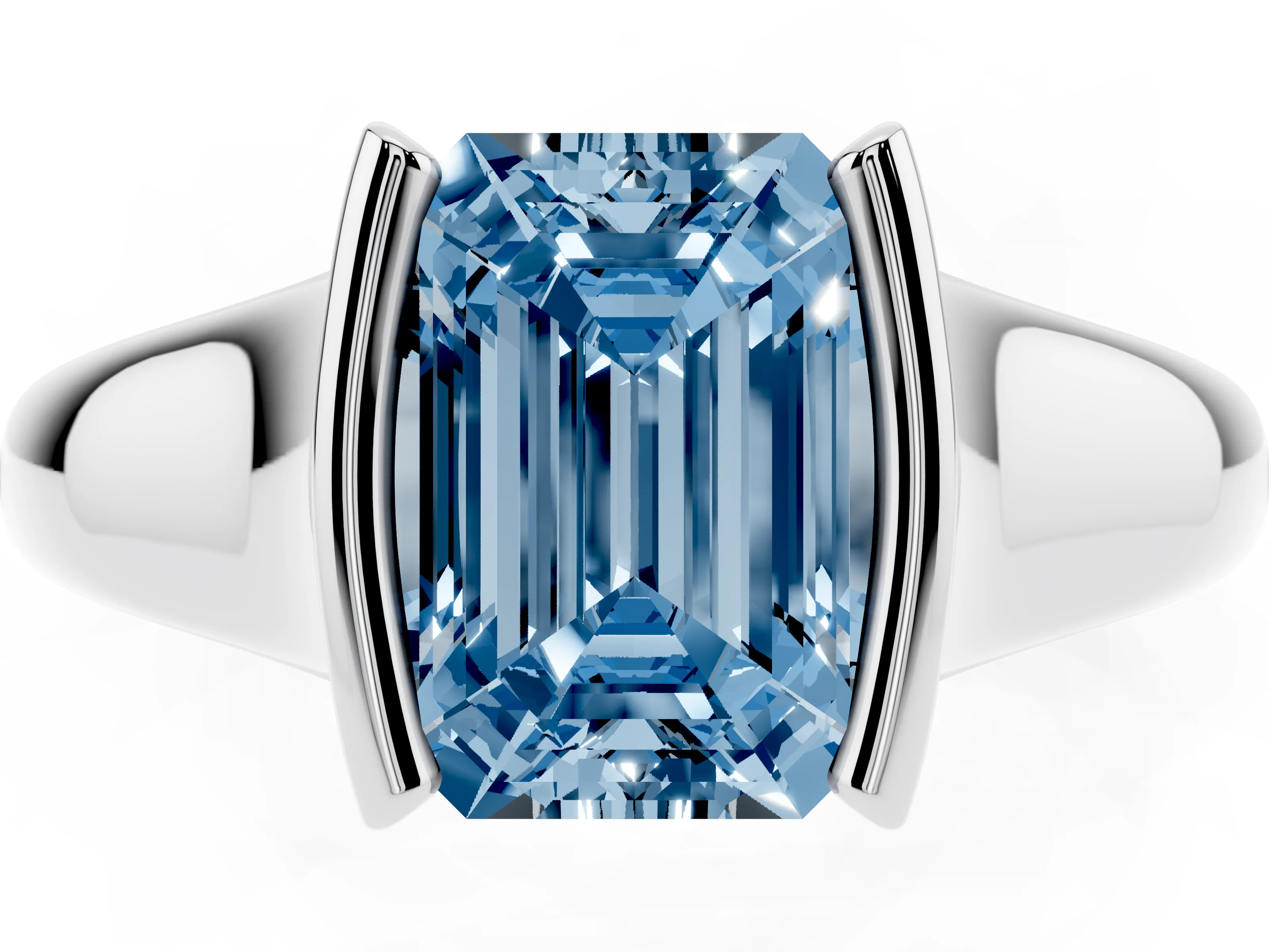 Fancy Blue Emerald Cut Diamond Solitaire Tension Set Ring Set in White gold with Split Shank Band