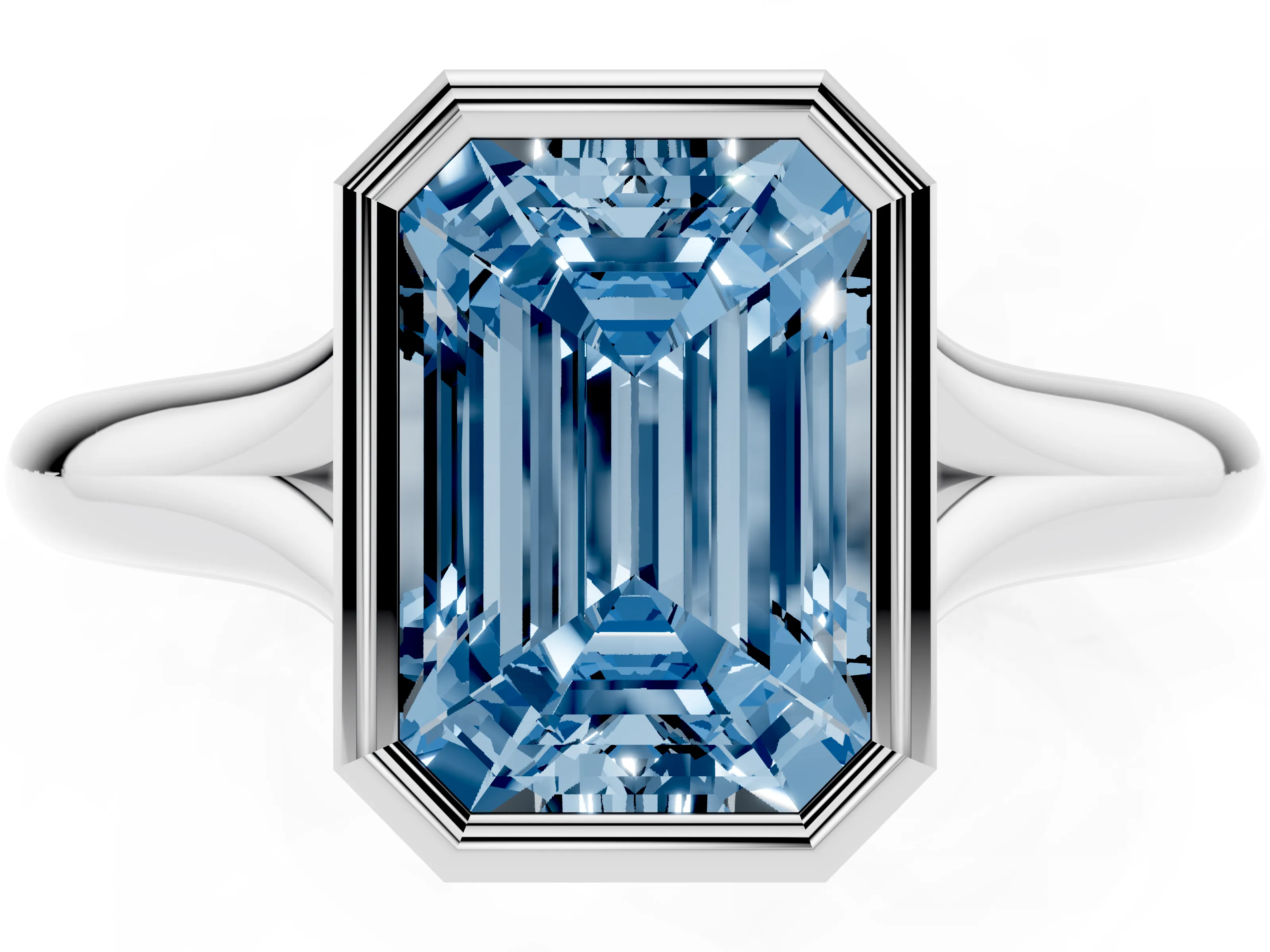 Fancy Blue Bezel Set Emerald Cut Diamond Solitaire Ring Set in White gold with Smooth Band