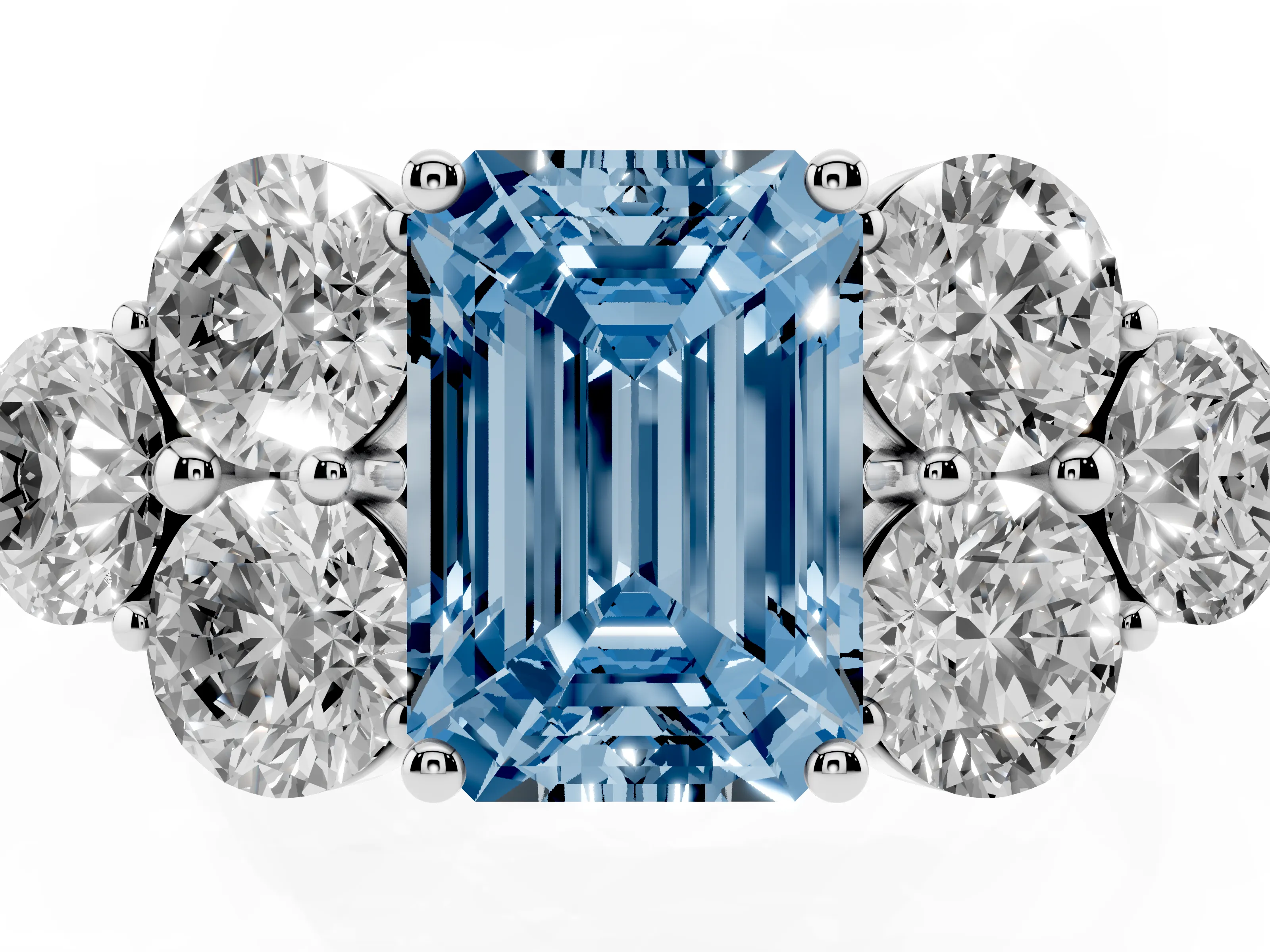 Fancy Blue Emerald Cut Diamond Cluster Ring Set in Silver with Round Accent Stones and Prong Setting on a Plain Band