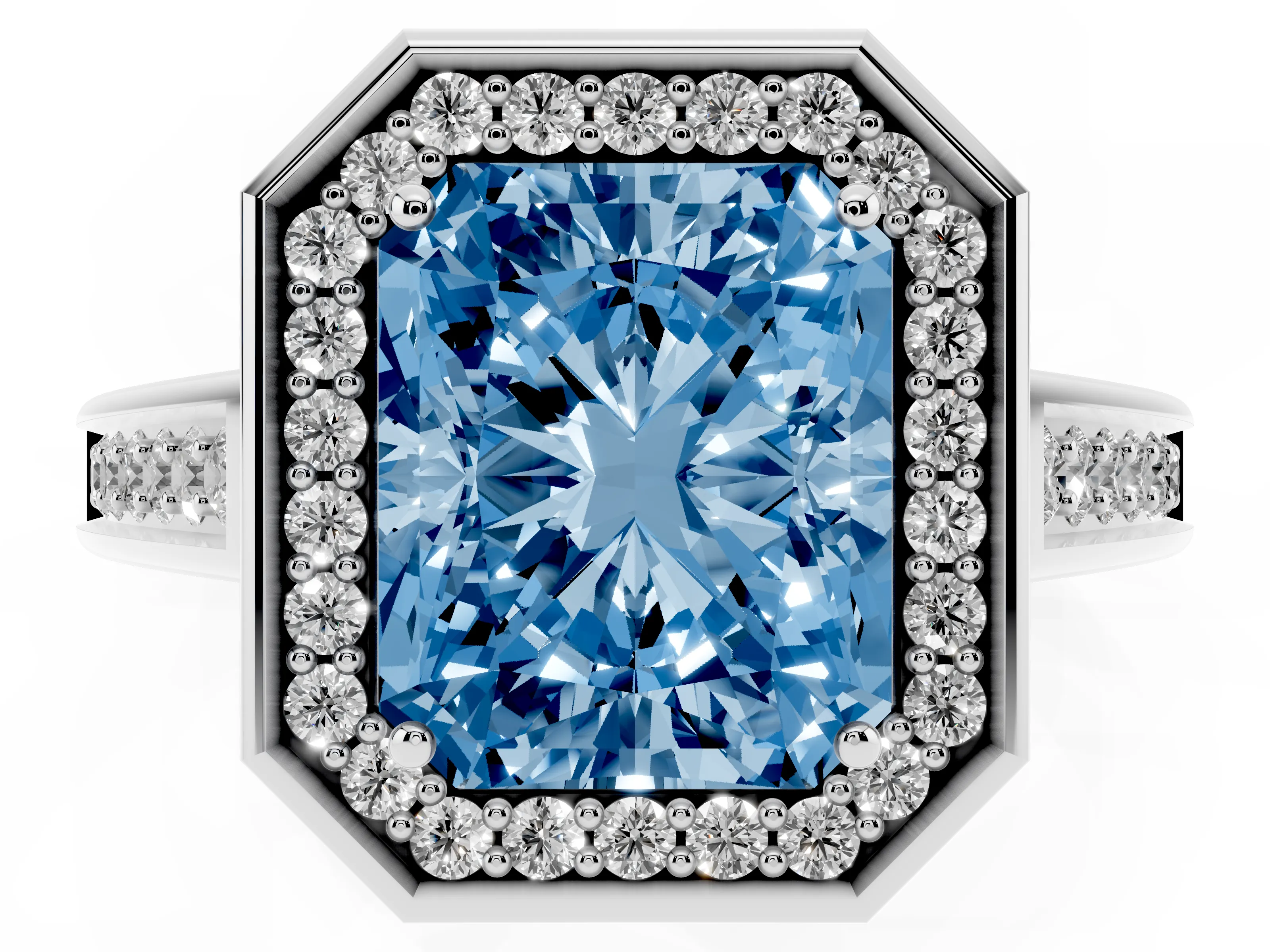 Fancy Blue Emerald Cut Diamond Halo Solitaire Ring Set in White gold with Pavé Band and Bezel Setting