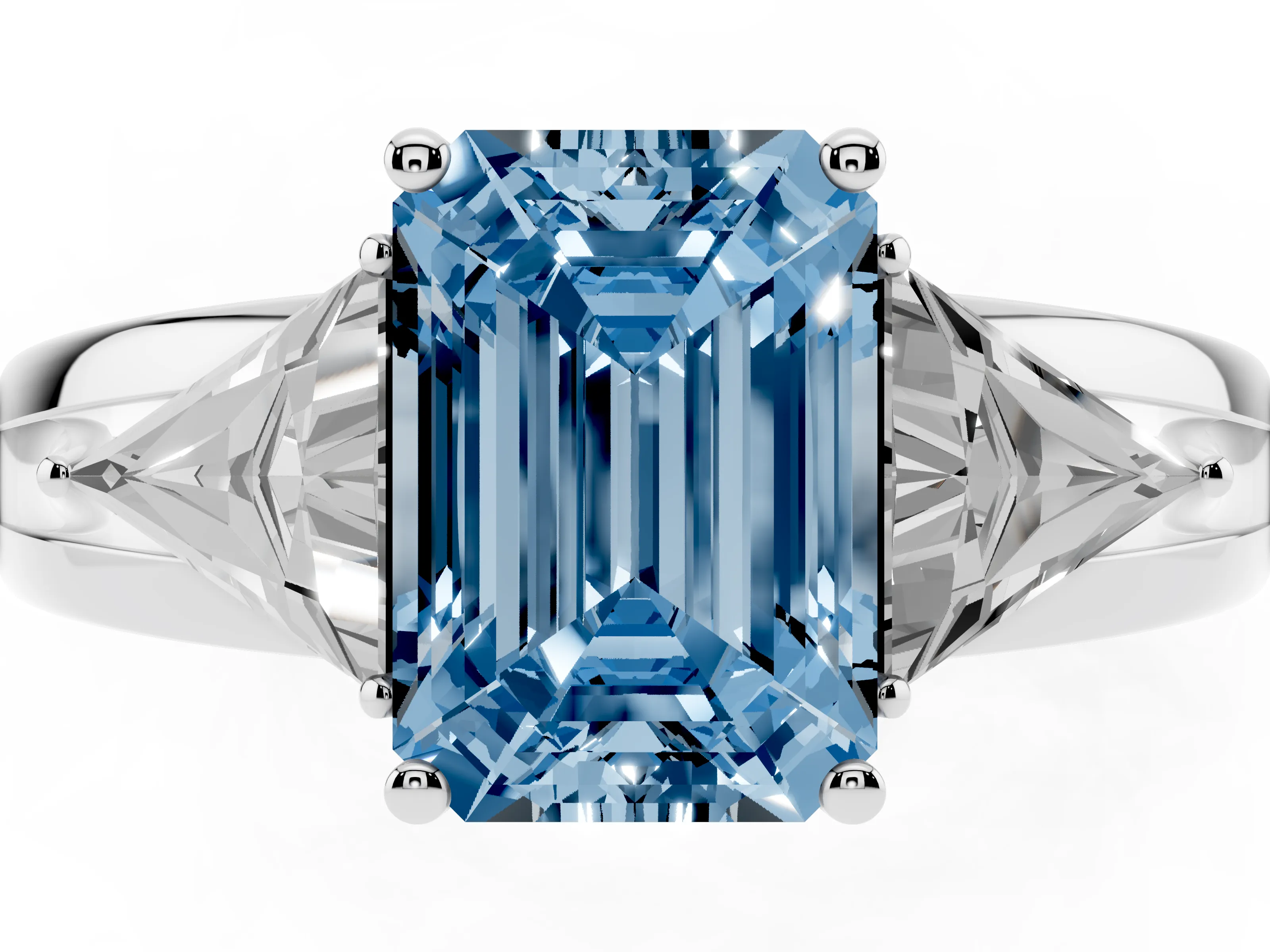 Fancy Blue Emerald Cut Diamond Three-Stone Ring Set in Silver with Trillion Side Stones and Split Shank