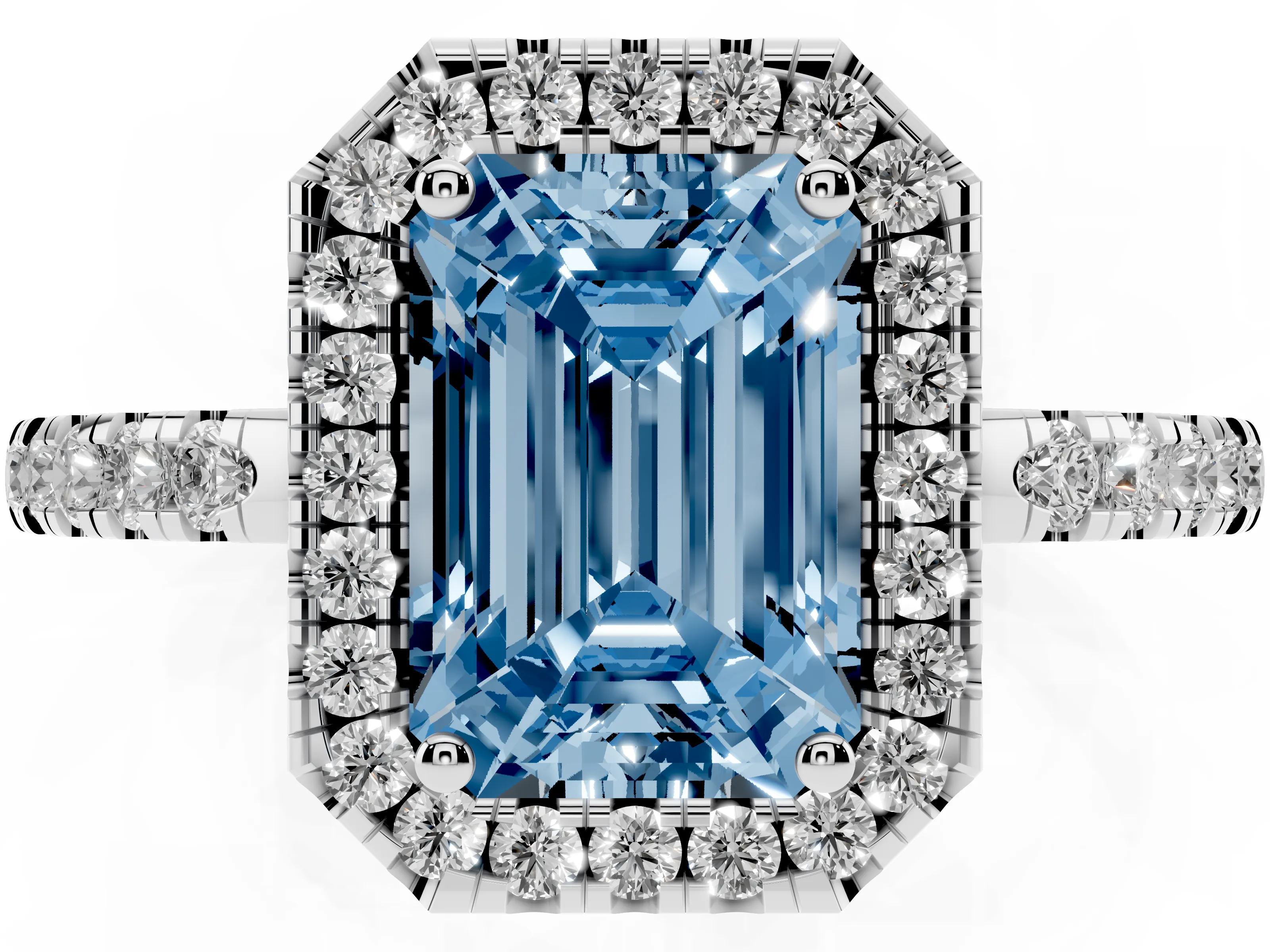 Fancy Blue Emerald Cut Diamond Pavé Band Halo Engagement Ring Set in White gold with Prong Setting