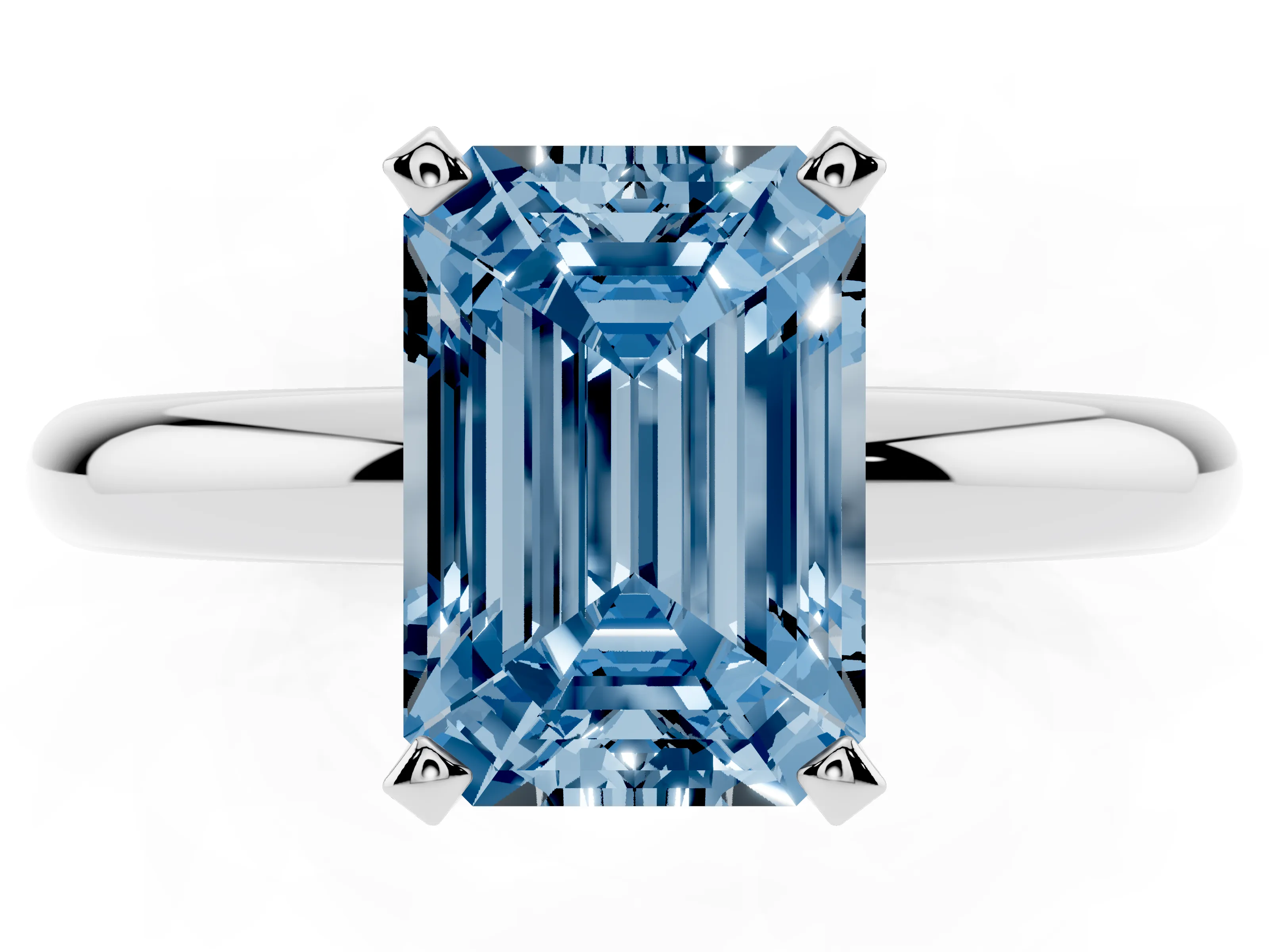 Fancy Blue Emerald Cut Diamond Solitaire Engagement Ring Set in Platinum with Round Band and Prong Setting