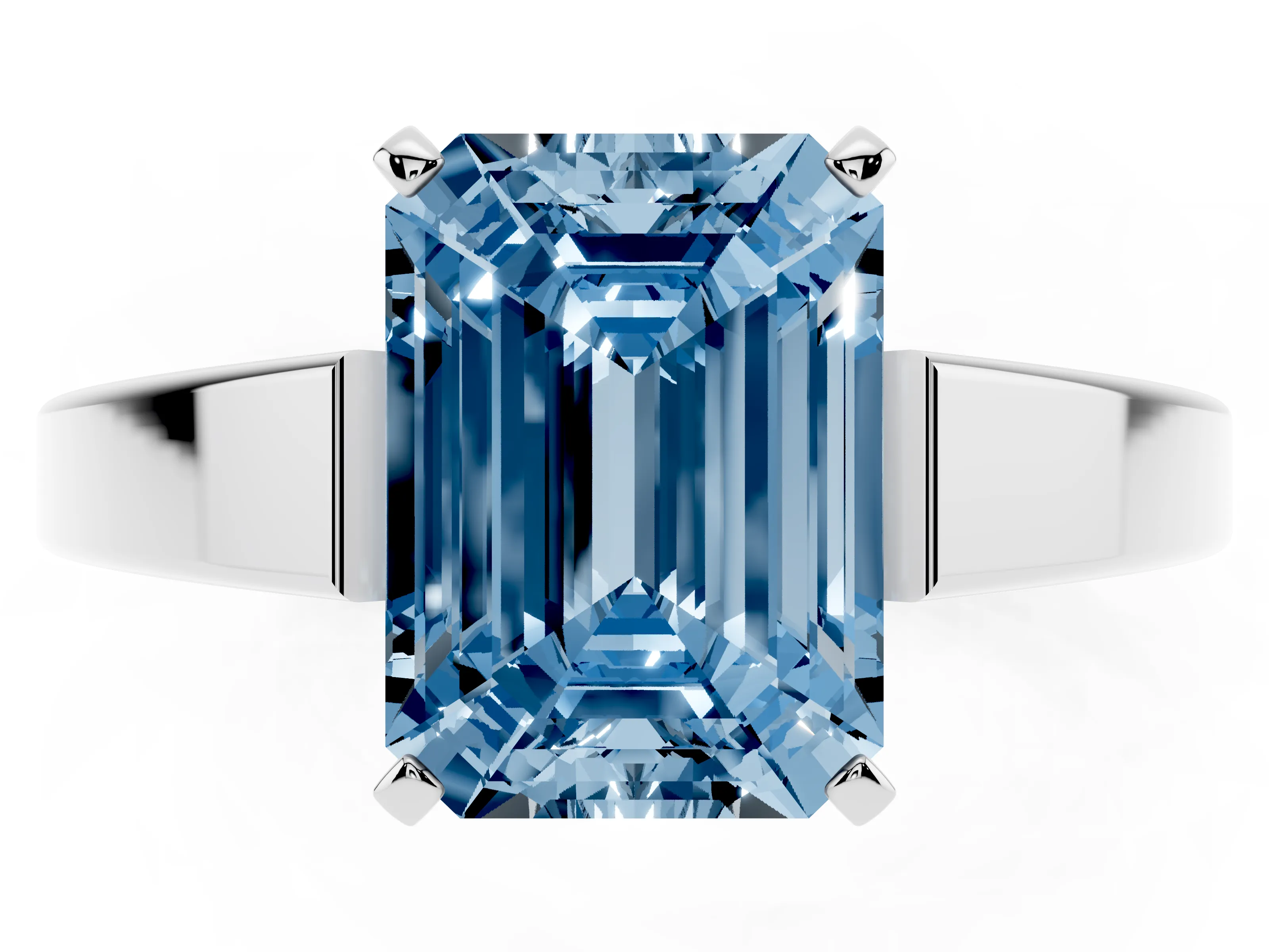 Fancy Blue Emerald Cut Diamond Solitaire Engagement Ring Set in White gold with Prong Setting and Tapered Band