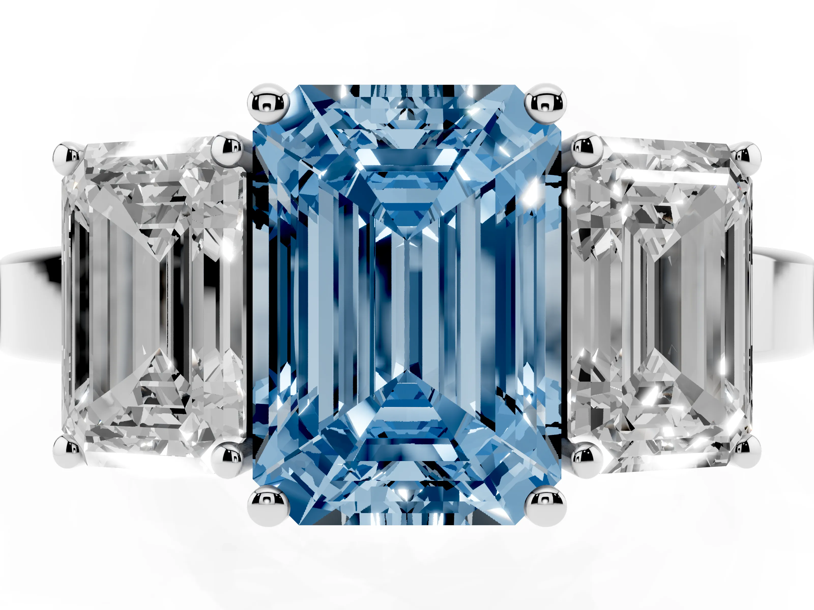 Fancy Blue Emerald Cut Diamond Three-Stone Engagement Ring Set in Silver with Flat Band