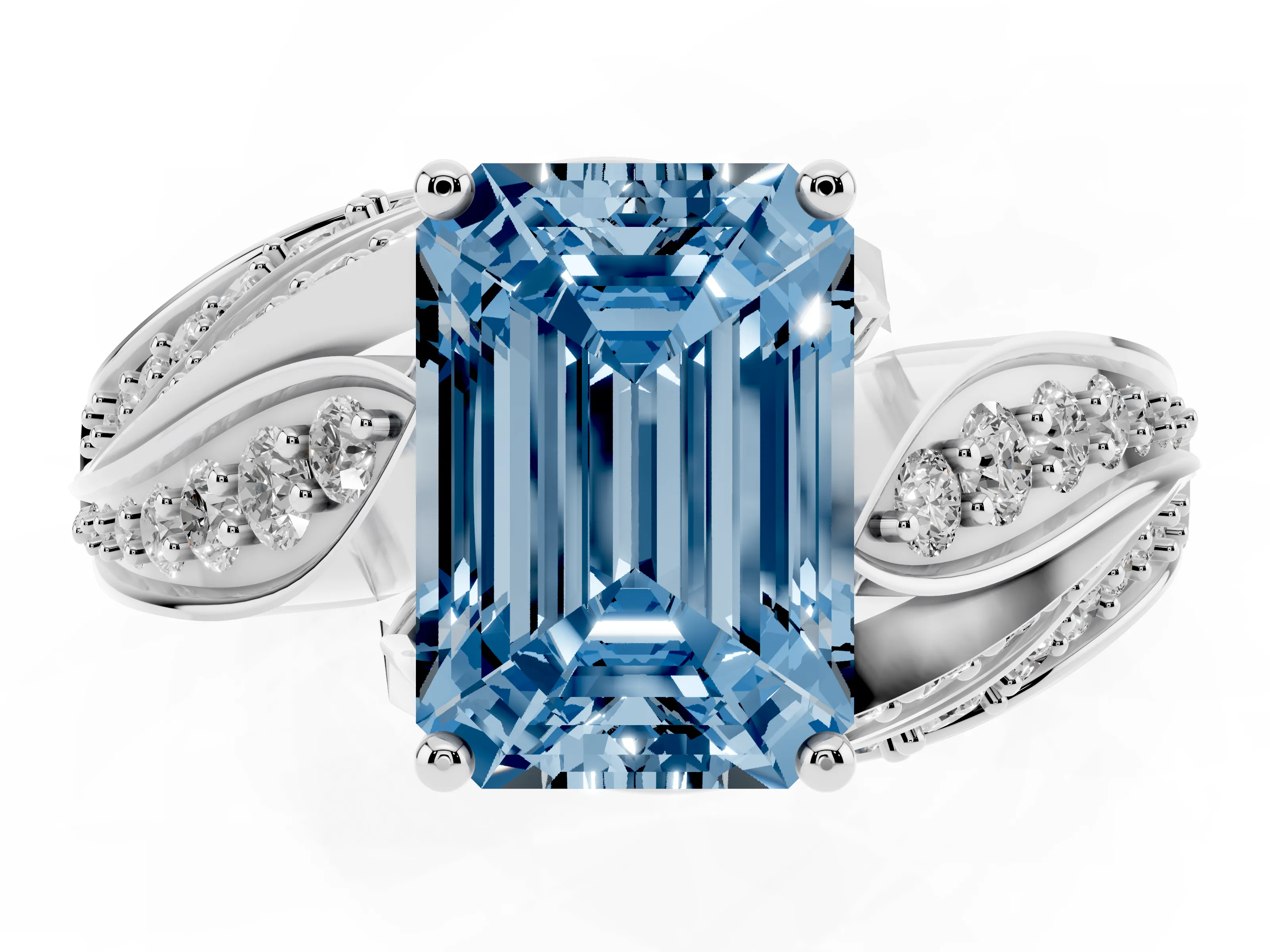Fancy Blue Emerald Cut Diamond Solitaire Ring Set in Silver with Layered Twist Pavé Band