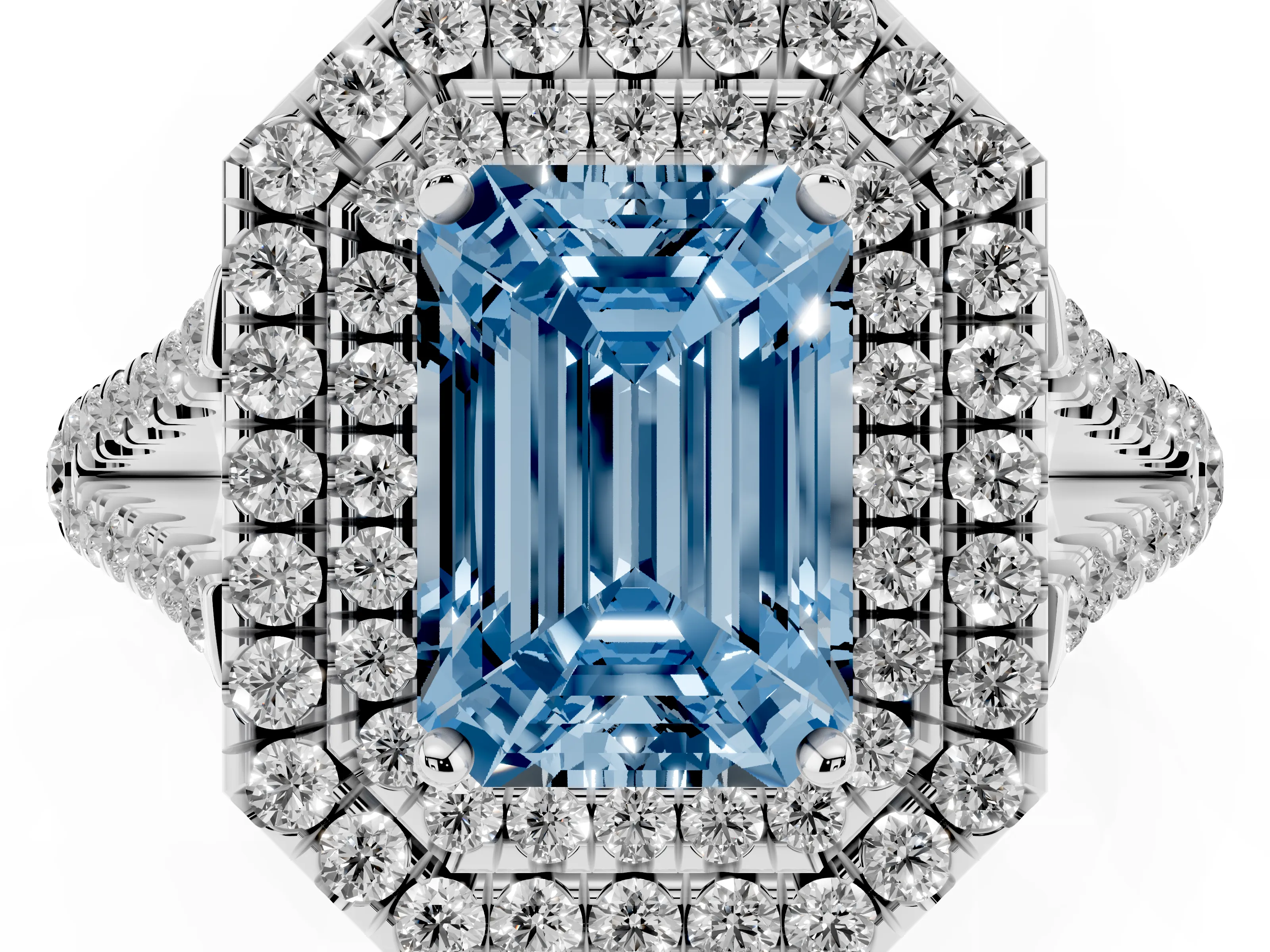 Fancy Blue Emerald Cut Diamond Double Halo Ring Set in White gold with Pavé Band