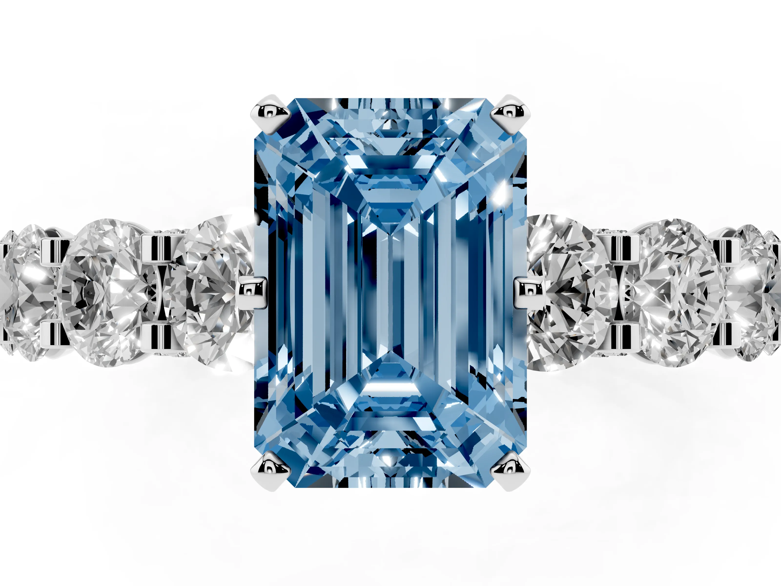Fancy Blue Emerald Cut Diamond Side Stone Ring Set in White gold with Alternating Round and Oval Side Stones
