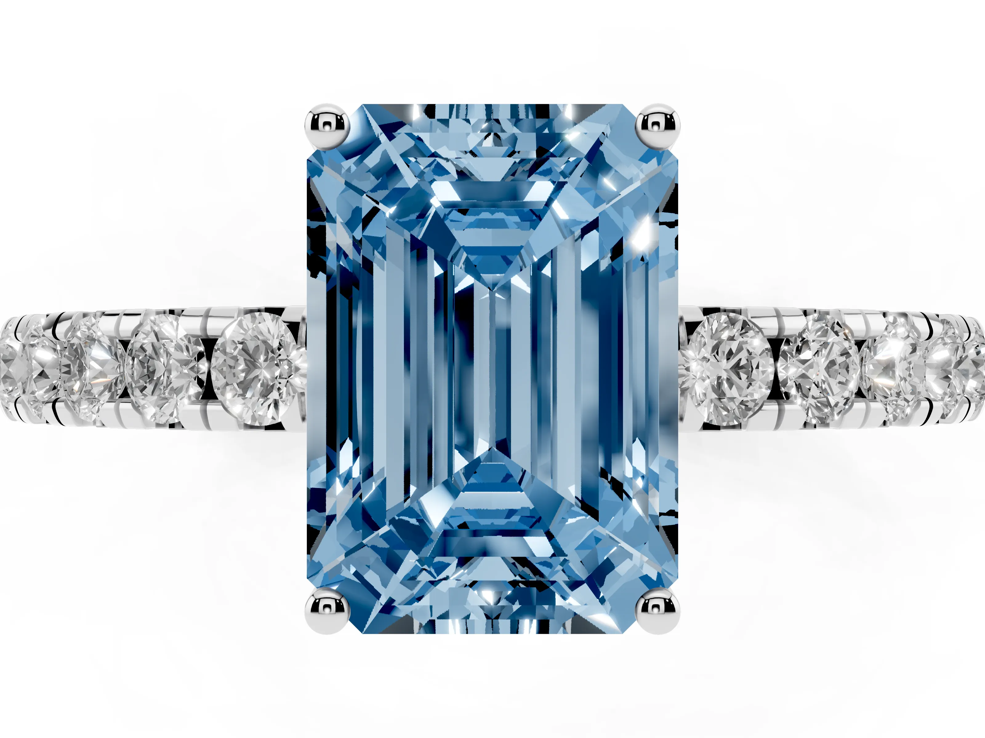 Fancy Blue Emerald Cut Diamond Pavé Solitaire Engagement Ring Set in Platinum with Prong Setting