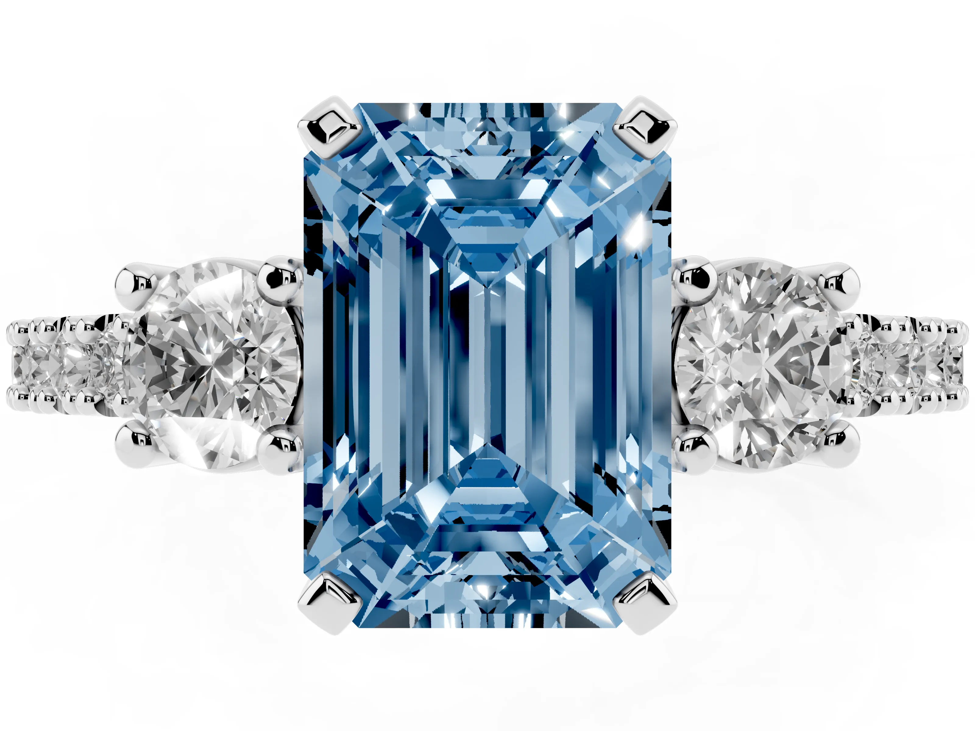 Fancy Blue Three-Stone Emerald Cut Diamond Pavé Band Ring Set in Silver with Prong Setting
