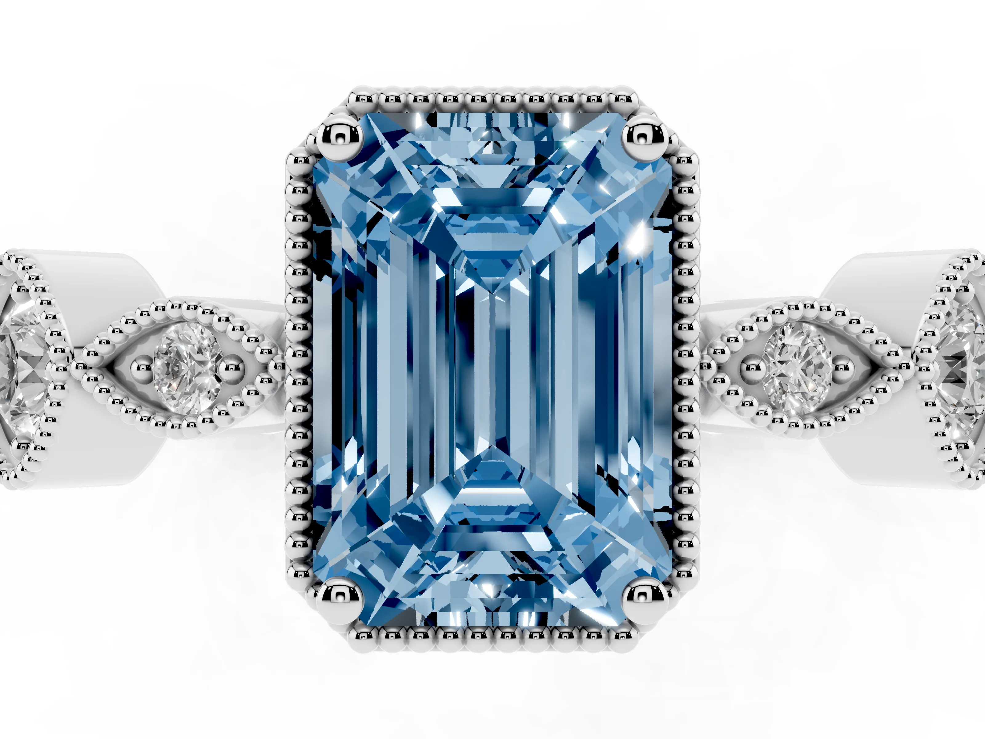 Fancy Blue Emerald Cut Diamond Vintage-Inspired Milgrain Ring Set in Platinum with Marquise Stations of Round Accents