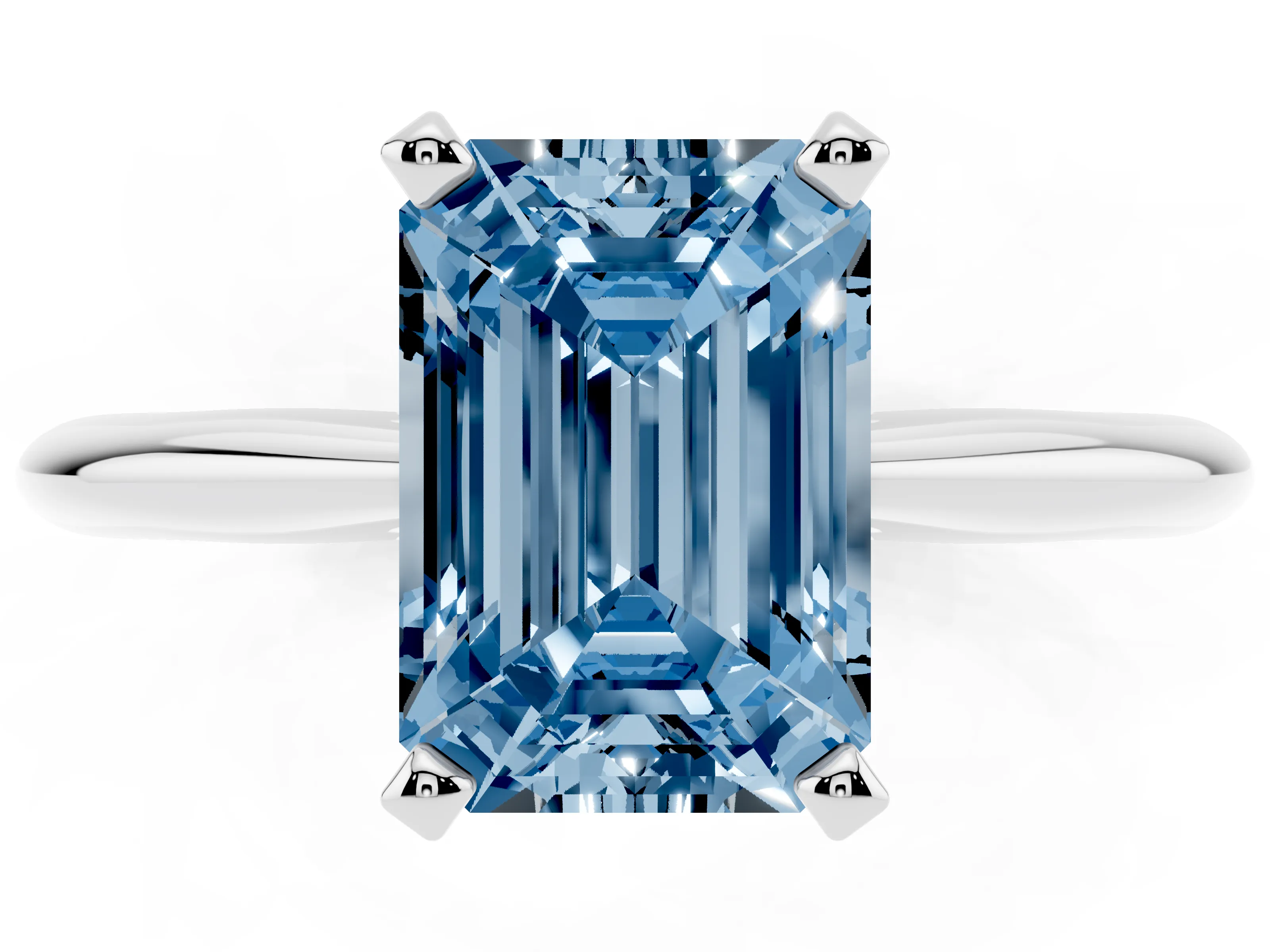 Fancy Blue Emerald Cut Diamond Solitaire Ring Set in Silver with Prong Setting on a Plain Round Band
