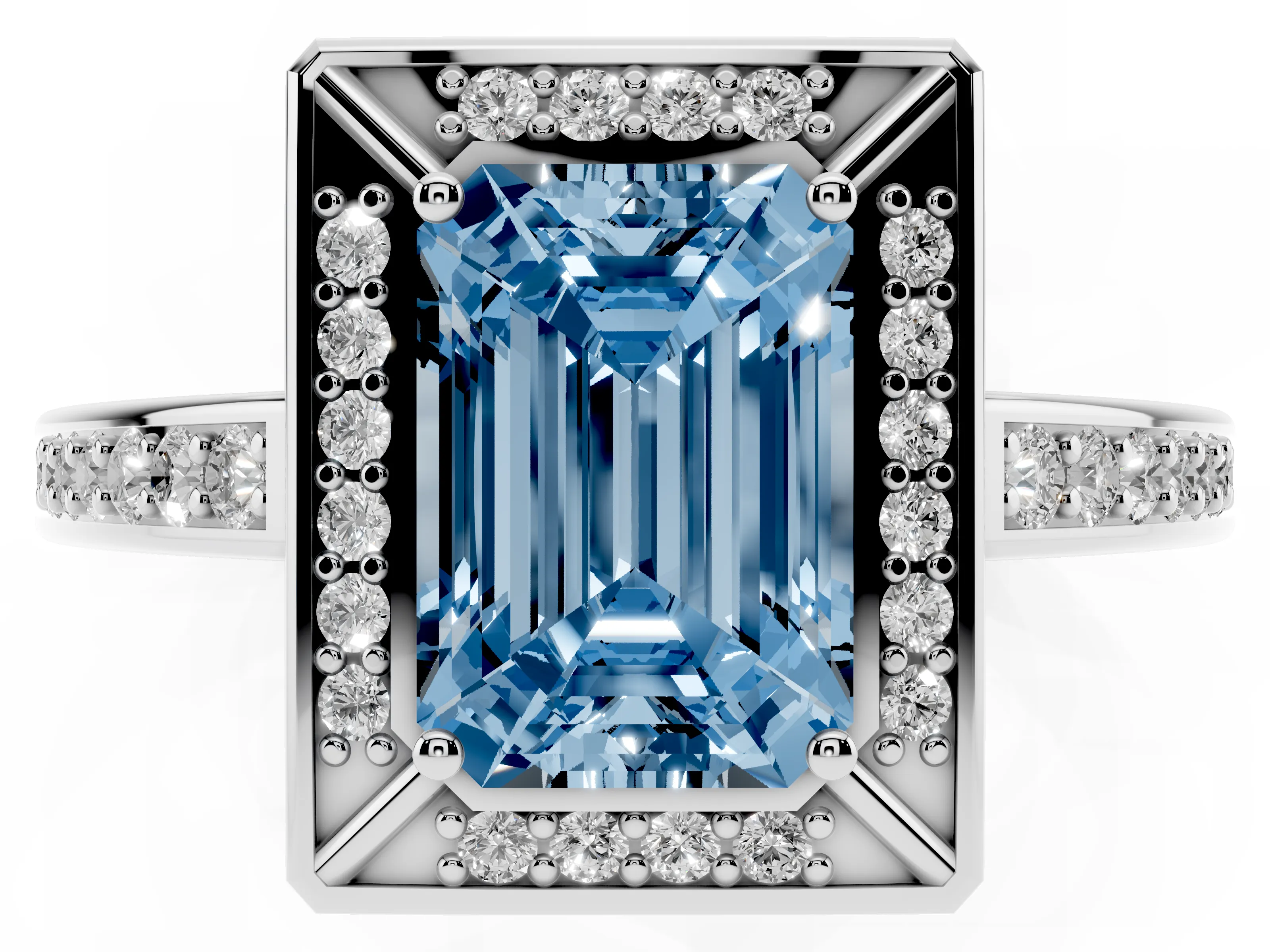 Fancy Blue Emerald Cut Diamond Halo Pavé Split Shank Ring Set in Silver with Prong Setting