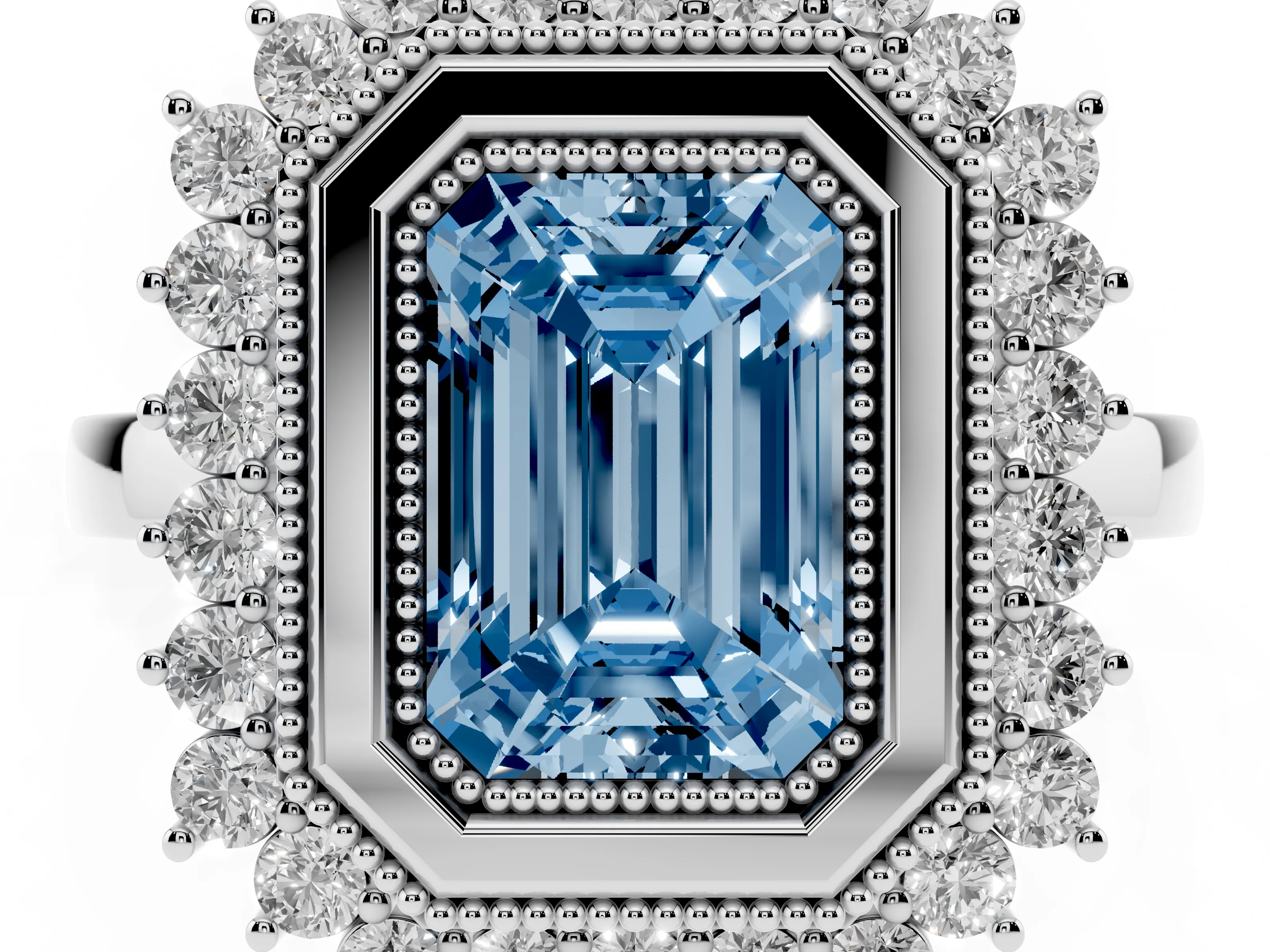 Fancy Blue Emerald Cut Diamond Halo Ring Set in Silver with Milgrain Edge and Round Prong Setting