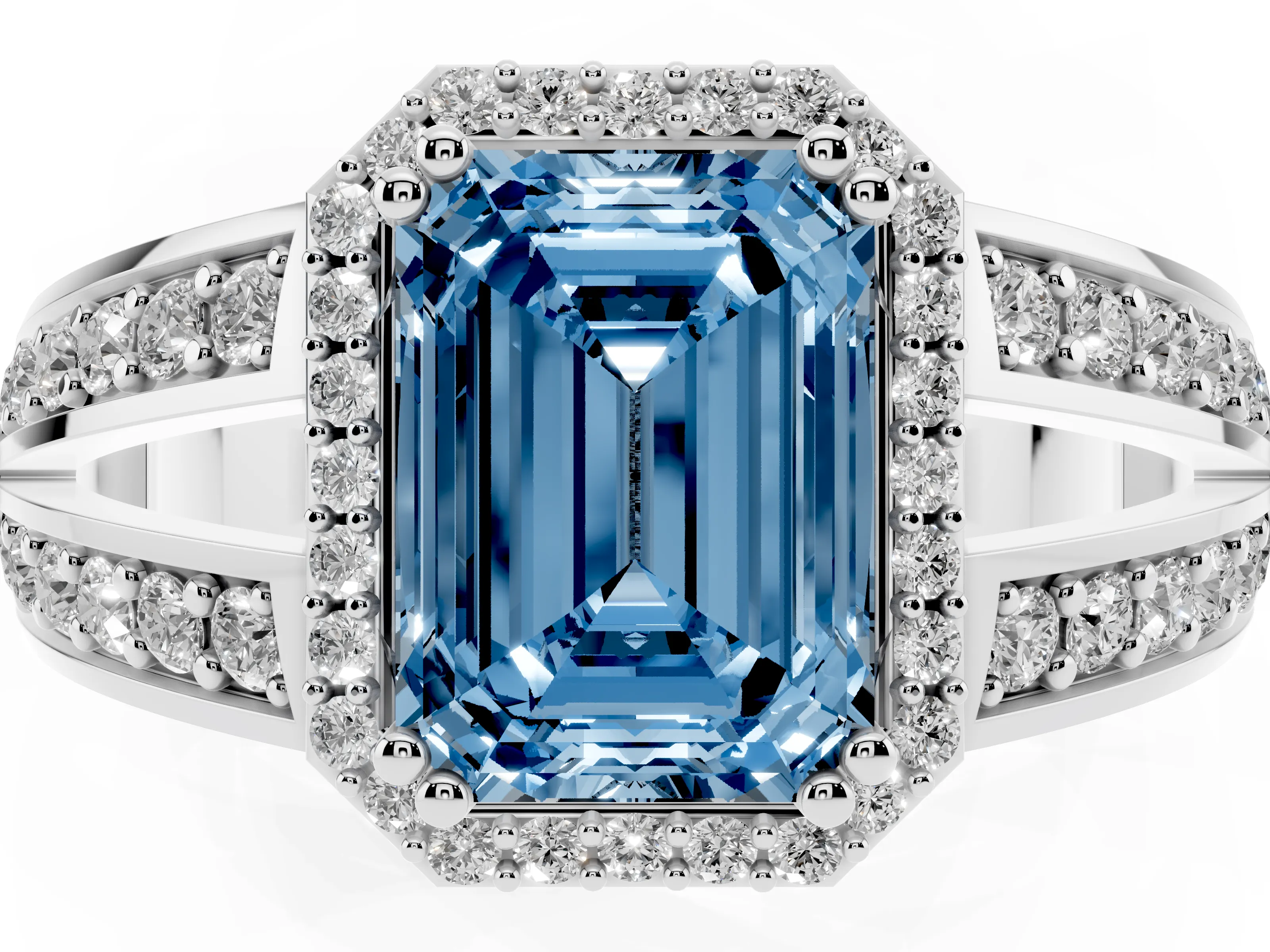 Fancy Blue Emerald Cut Diamond Halo Ring Set in White gold with Double Pavé Split Shank