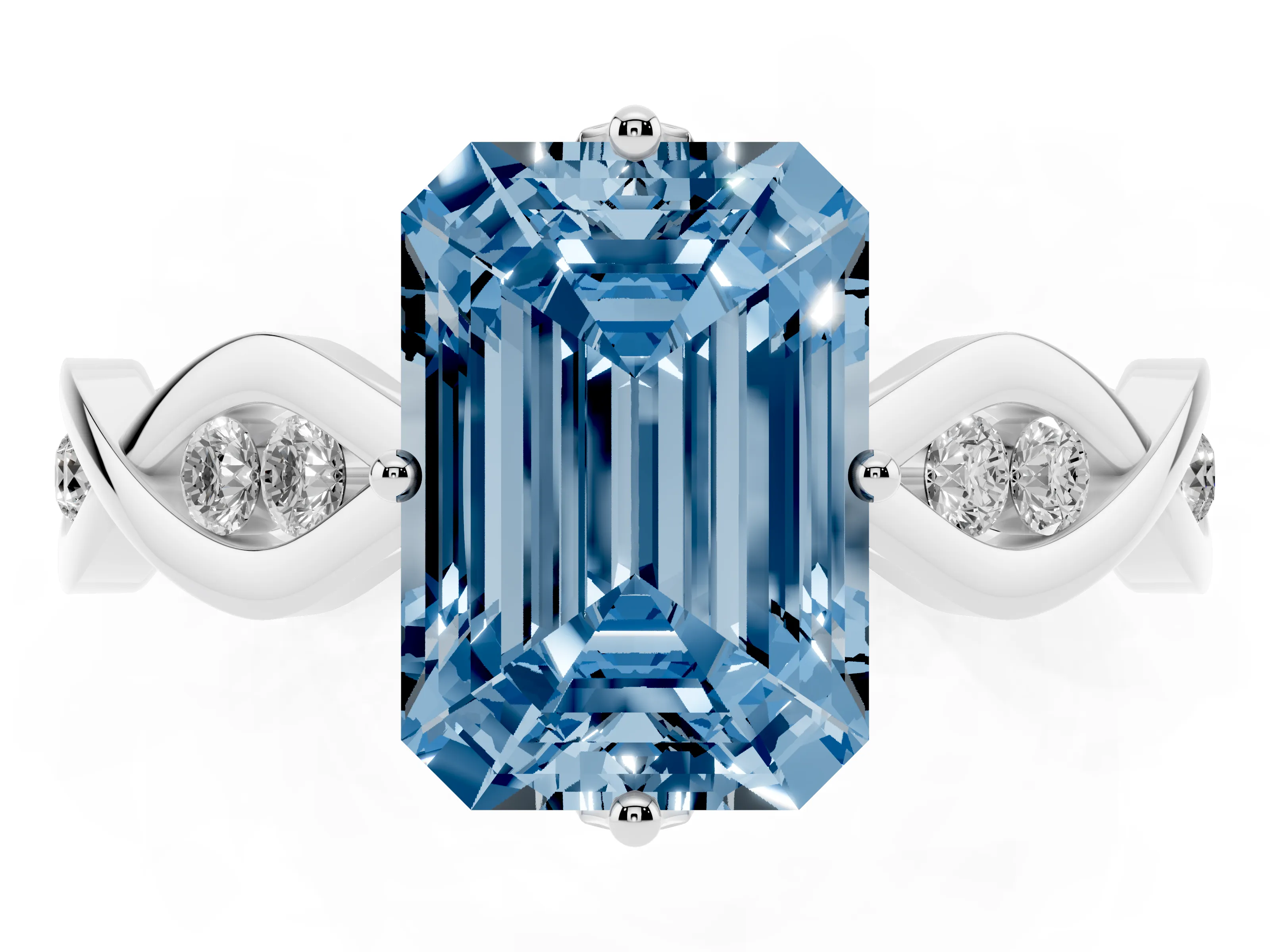 Fancy Blue Emerald Cut Diamond Twist Band Solitaire Ring Set in Silver with Leaf Prong Setting and Accent Stones