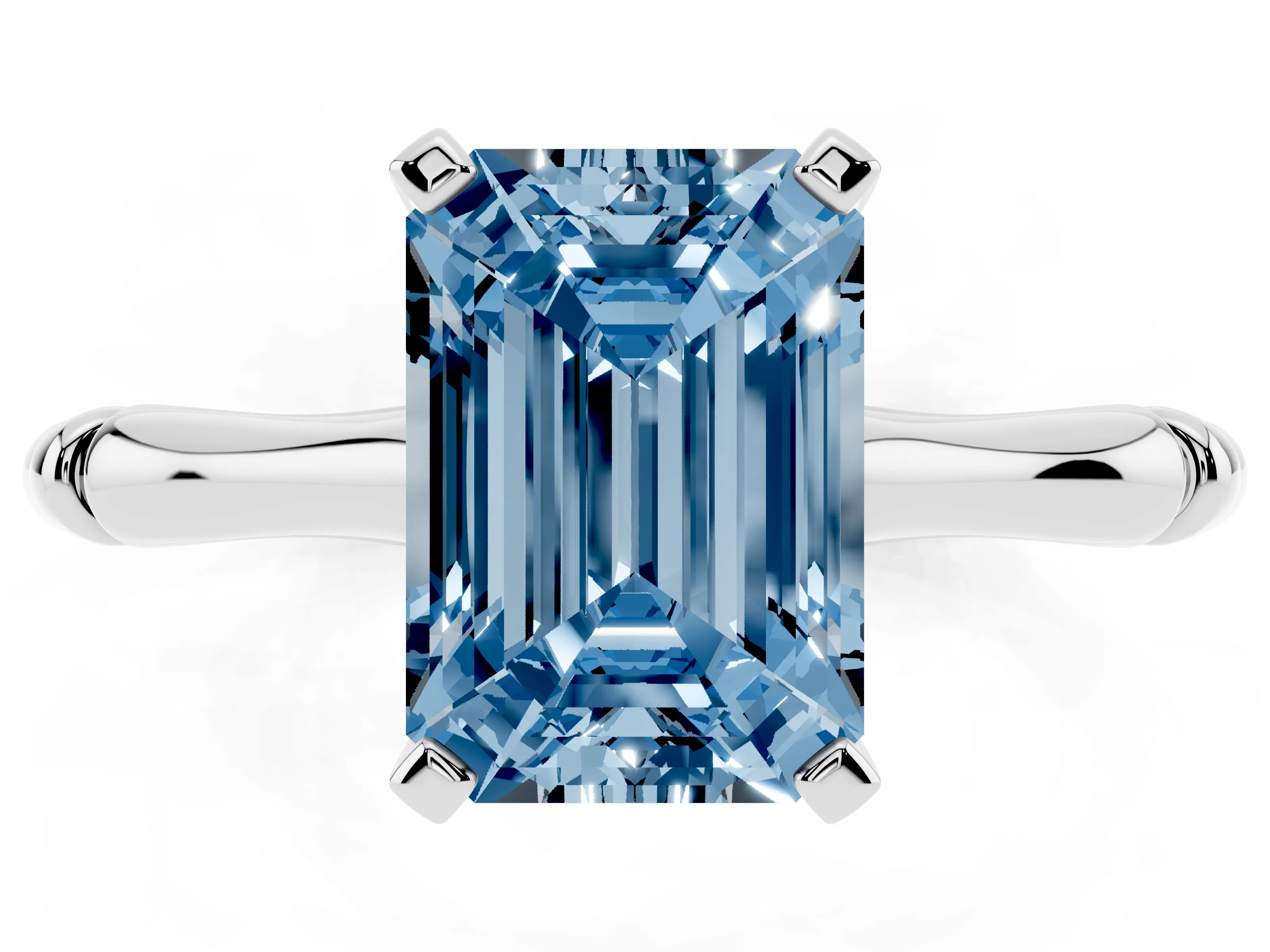 Fancy Blue Emerald Cut Diamond Solitaire Ring Set in Silver with Bamboo Band and Prong Setting