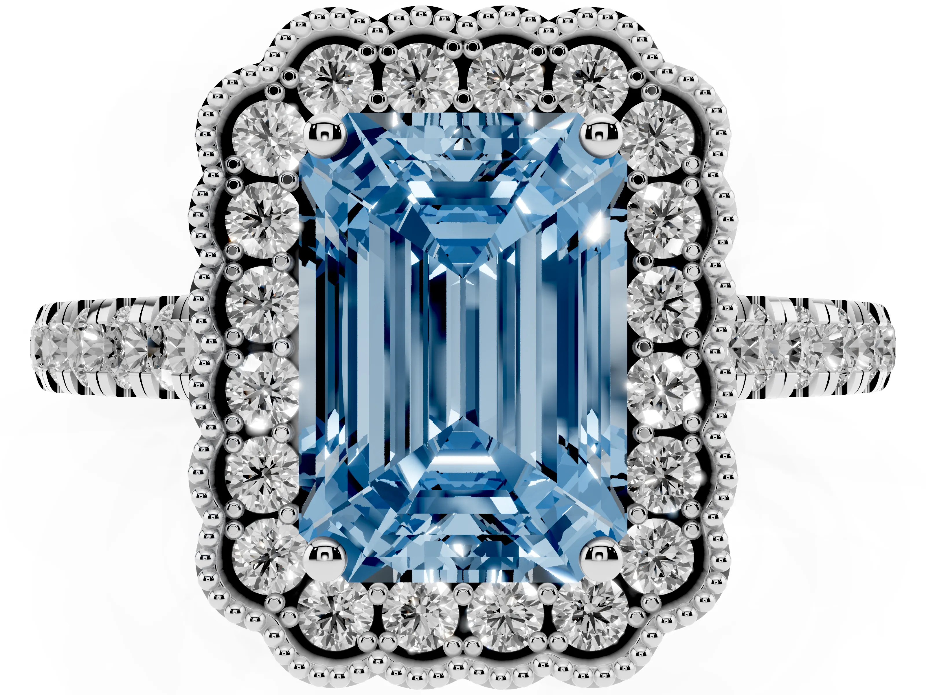 Fancy Blue Emerald Cut Diamond Milgrain Floral Halo Engagement Ring Set in White gold with Pavé Band