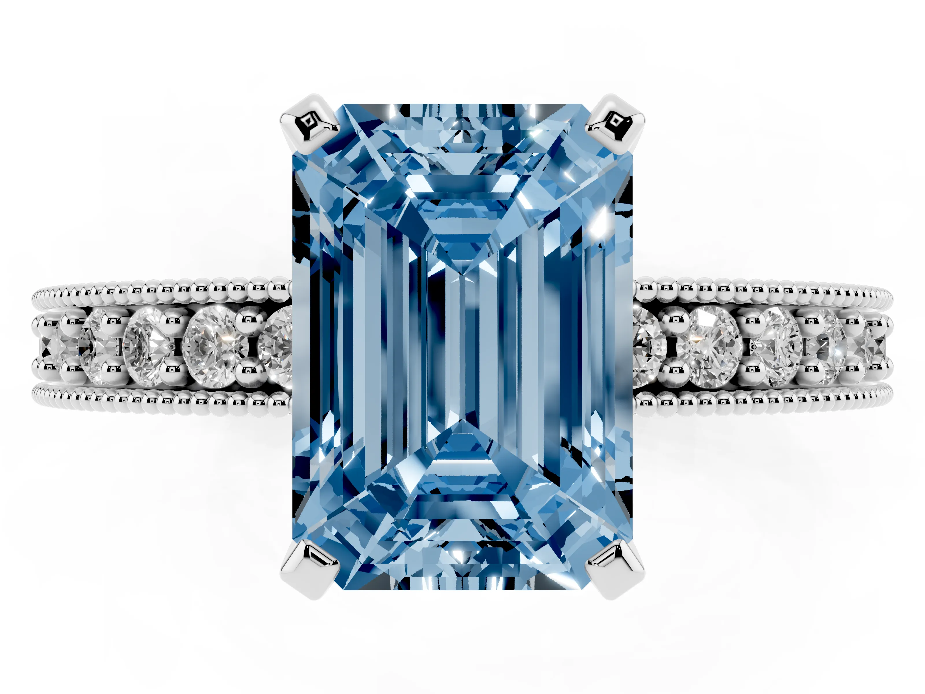 Fancy Blue Emerald Cut Diamond Milgrain Pavé Engagement Ring Set in Silver with Prong Setting