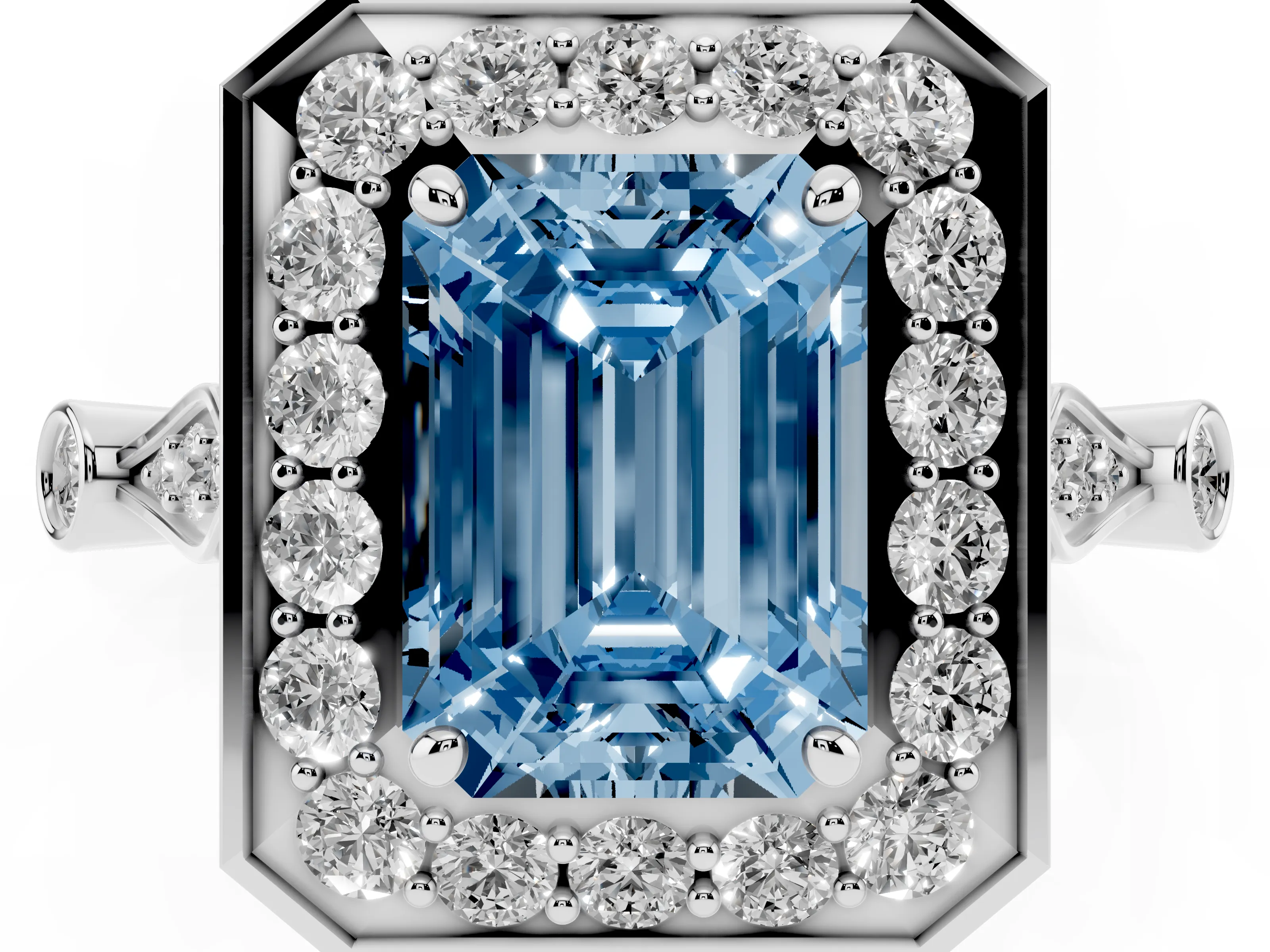 Fancy Blue Emerald Cut Diamond Halo Engagement Ring Set in Silver with Twisted Band and Prong Setting