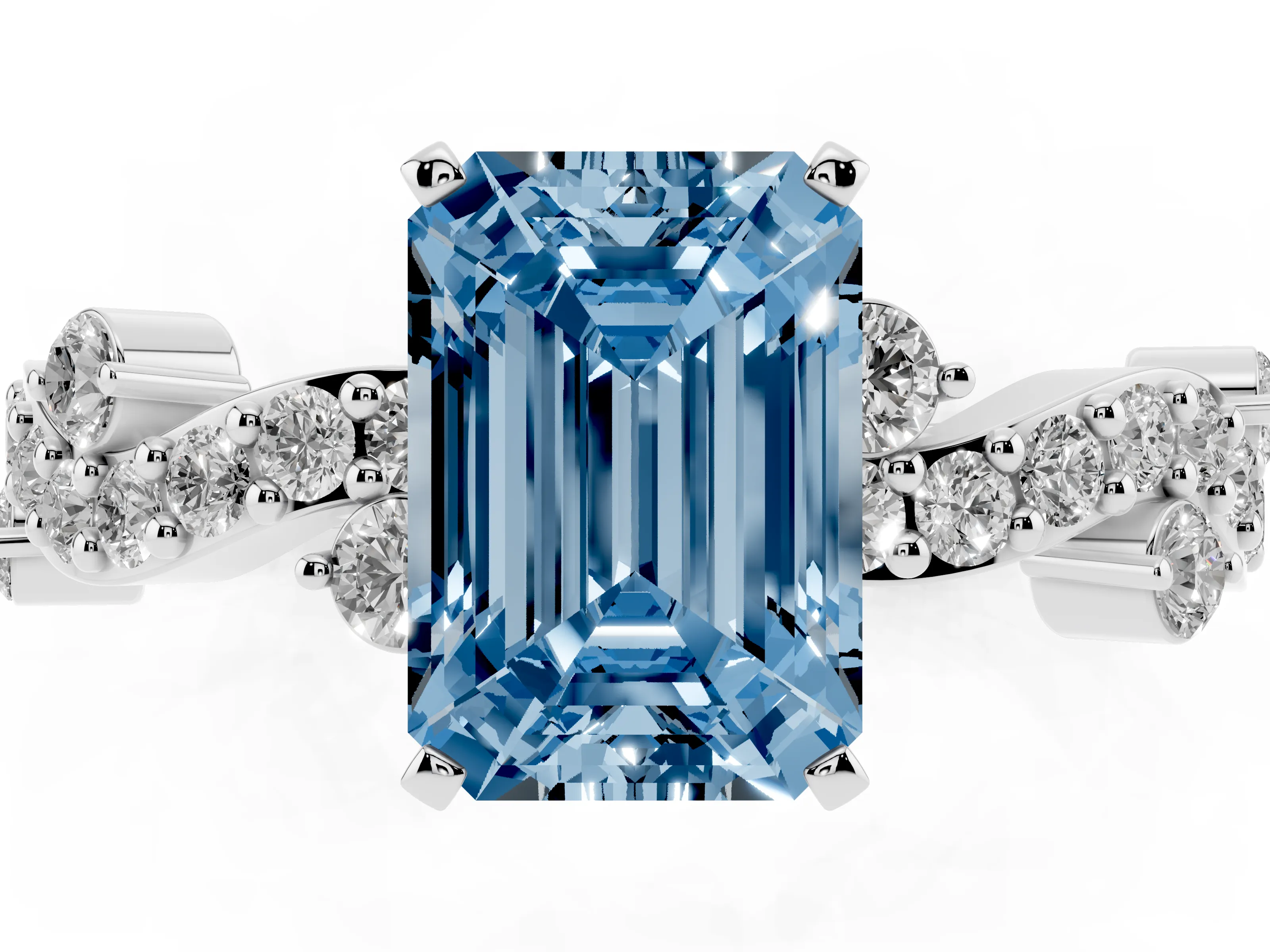 Fancy Blue Emerald Cut Diamond Solitaire Twisted Band Set in Silver with Pavé Setting