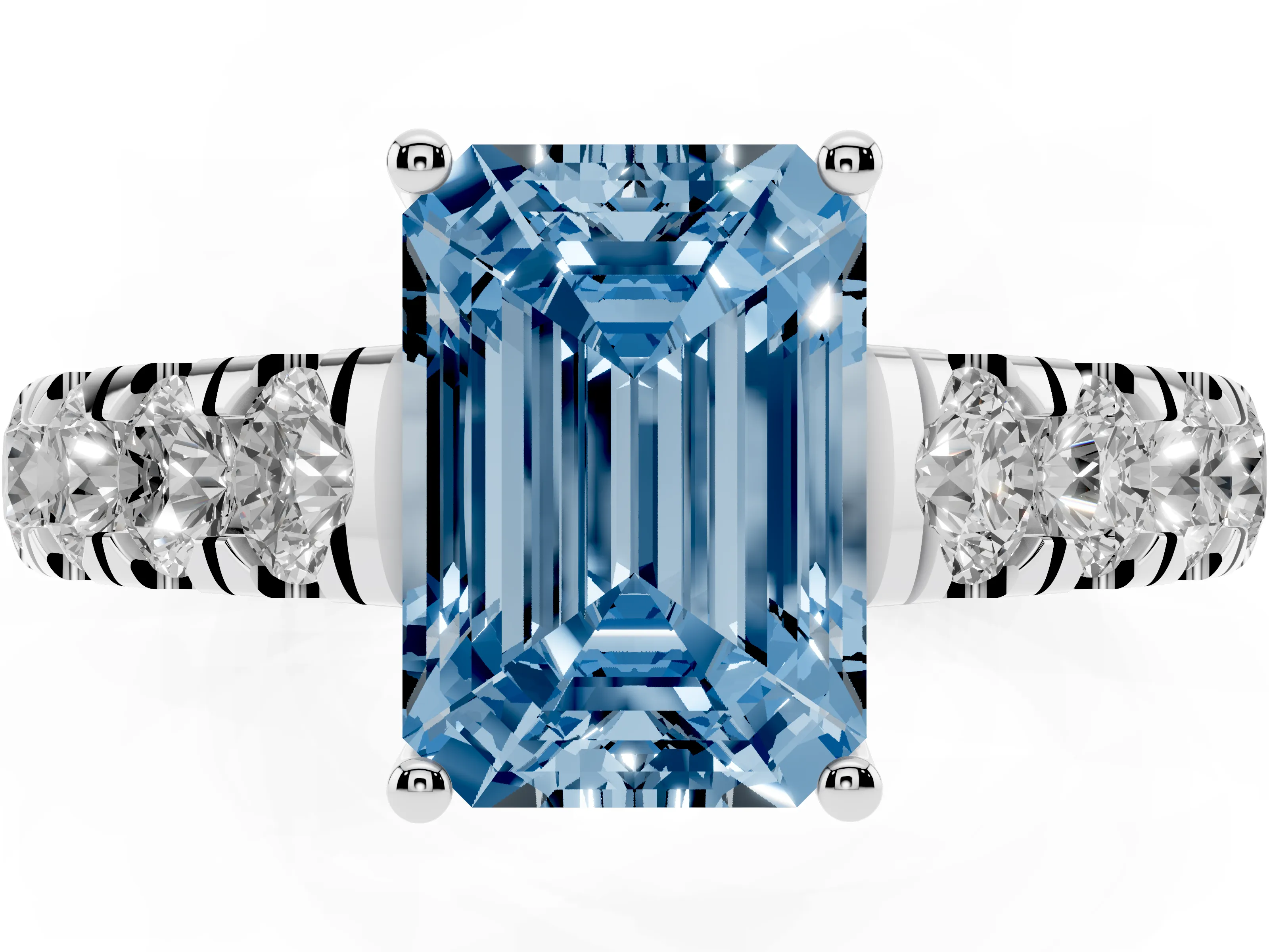 Fancy Blue Emerald Cut Diamond Solitaire Ring Set in Silver with Cut-Down Micro Pavé Band and Prong Setting
