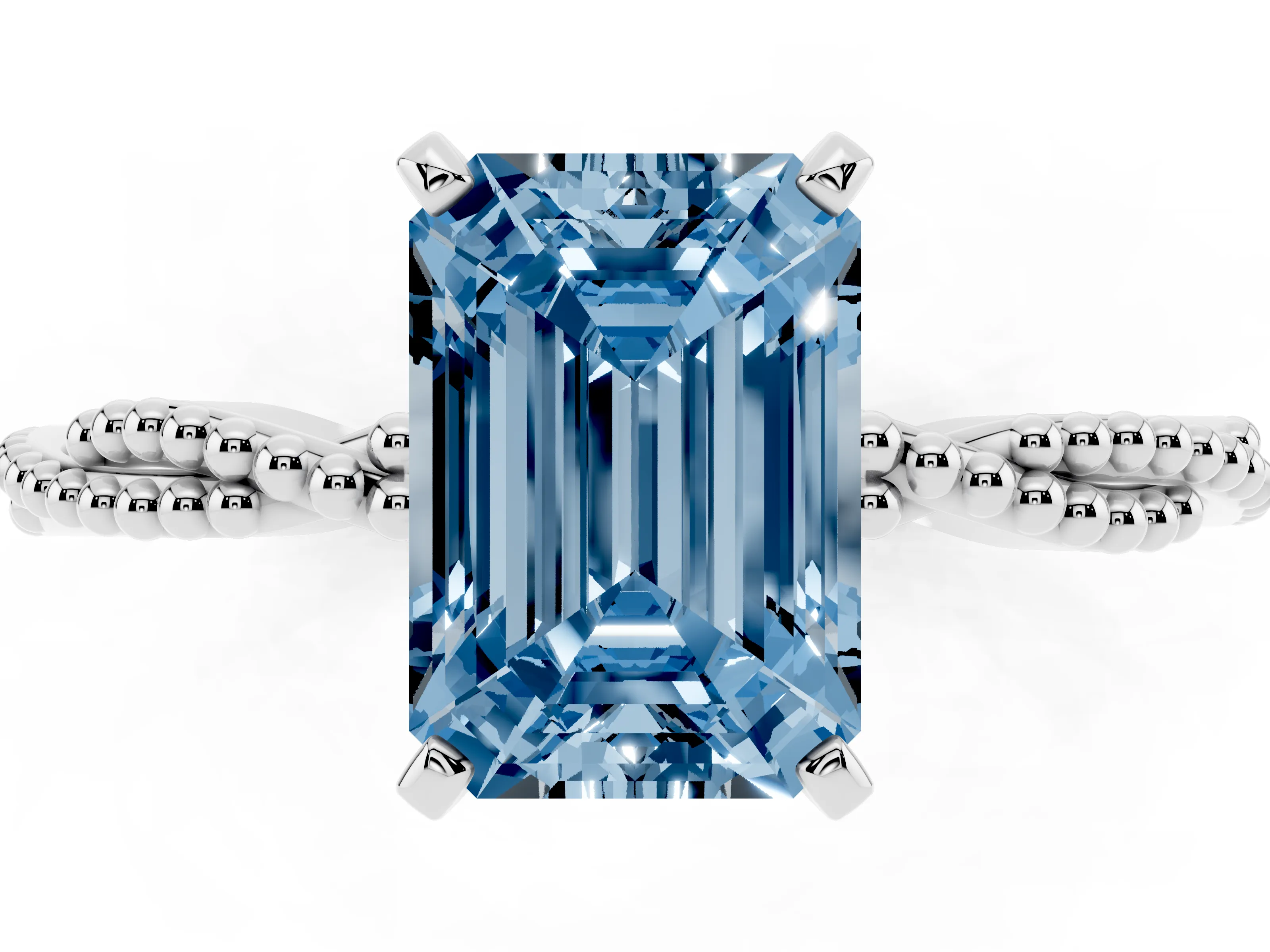 Fancy Blue Emerald Cut Diamond Solitaire Ring Set in White gold with Twisted Band and Bead Prong Setting