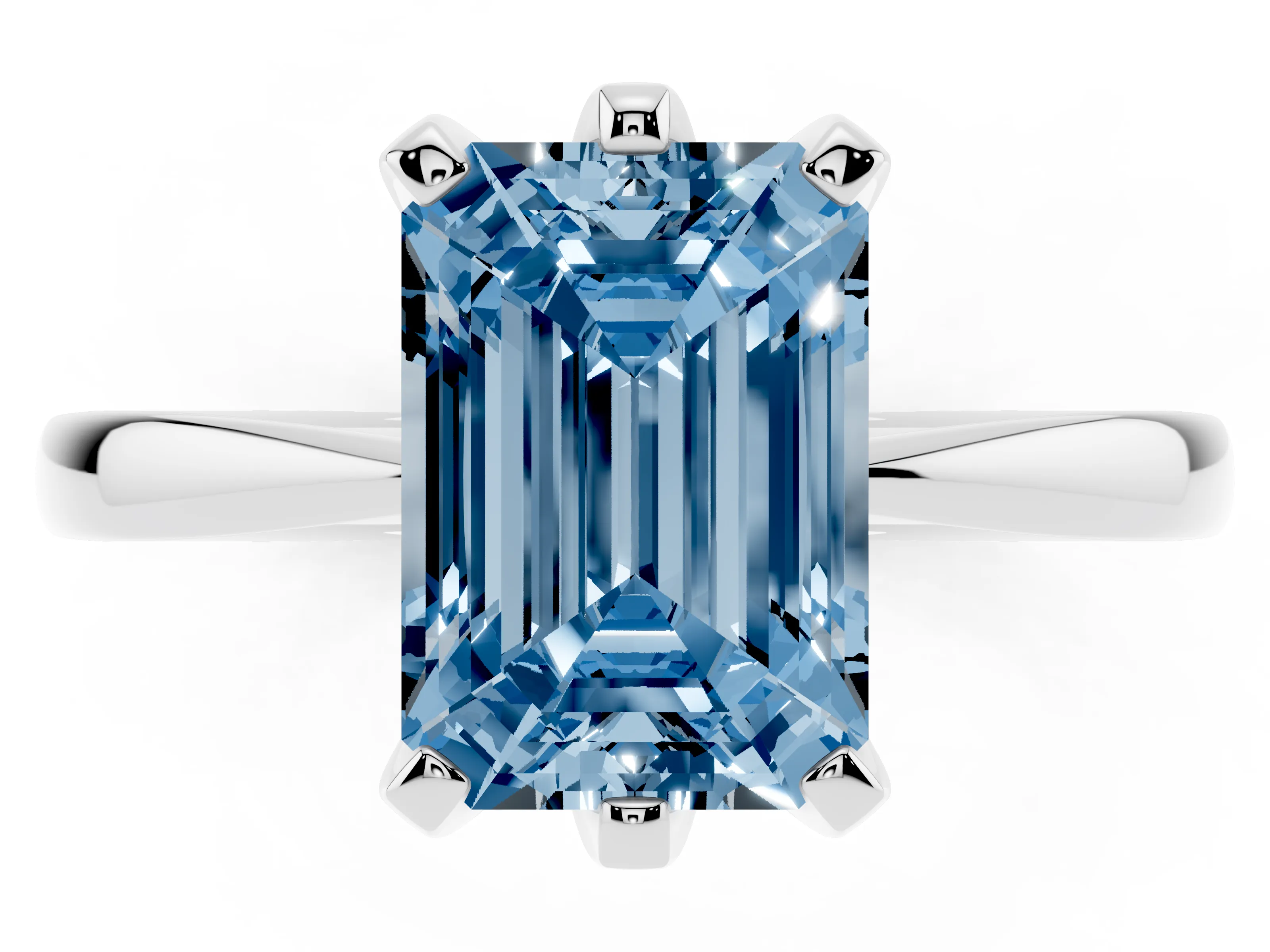 Fancy Blue Emerald Cut Diamond Solitaire Engagement Ring Set in Platinum with Slim Tapered Solitaire Band