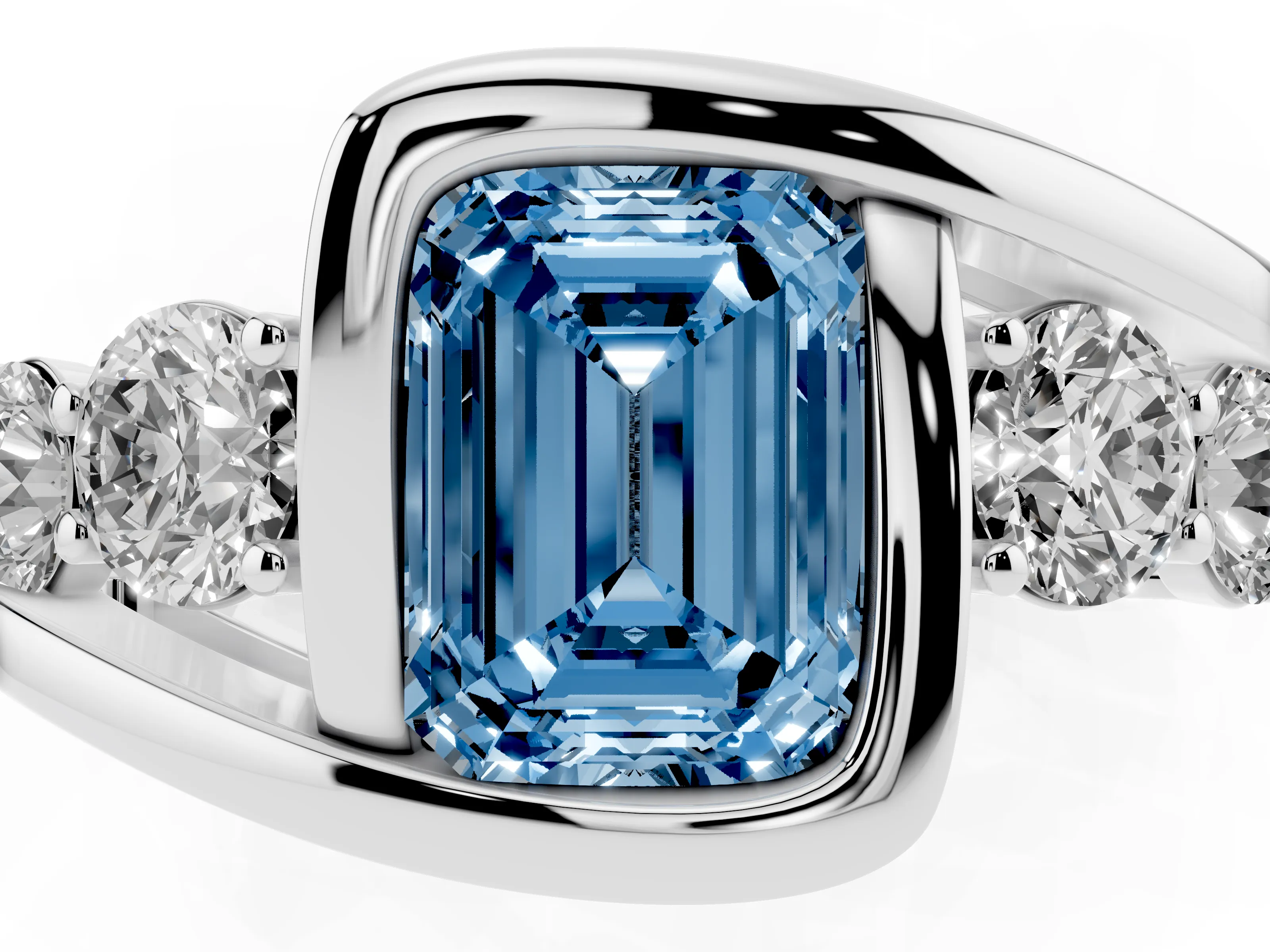 Fancy Blue Emerald Cut Diamond Bezel Bypass Ring Set in Silver with Round Accents