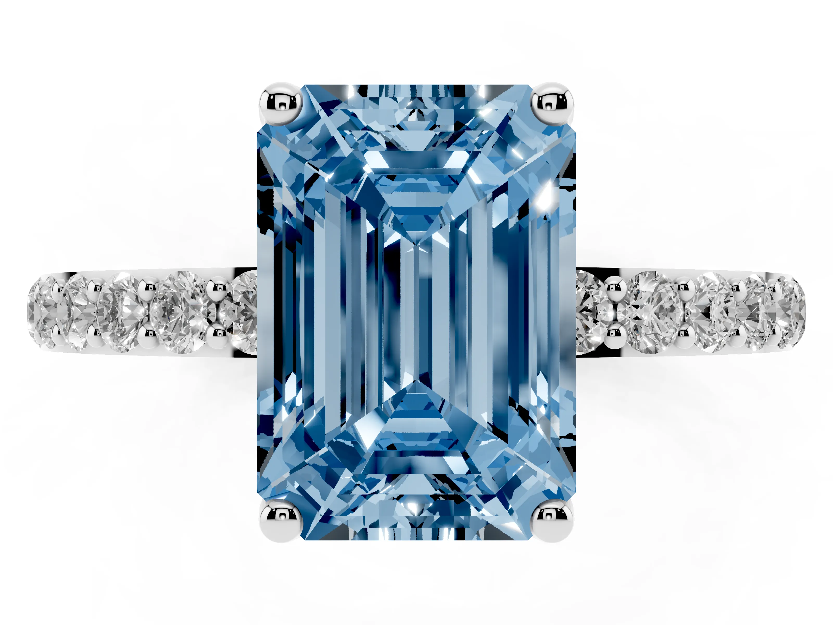 Fancy Blue Emerald Cut Diamond Solitaire Engagement Ring Set in White gold with Round Pavé Band and Prong Setting