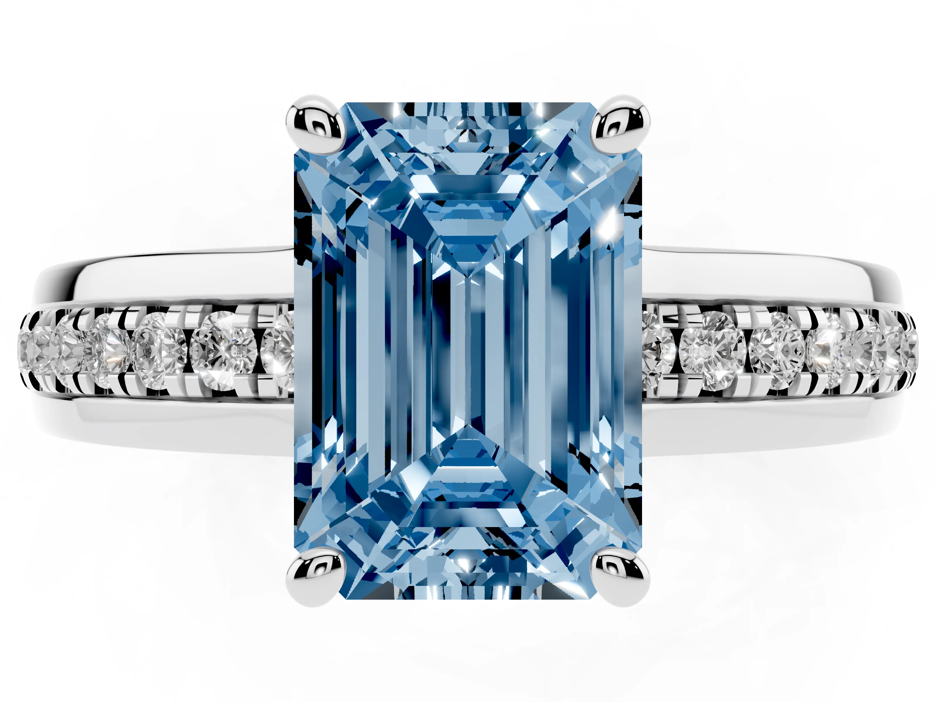 Fancy Blue Emerald Cut Diamond Solitaire Ring Set in White gold with Channel Set Band and Prong Setting