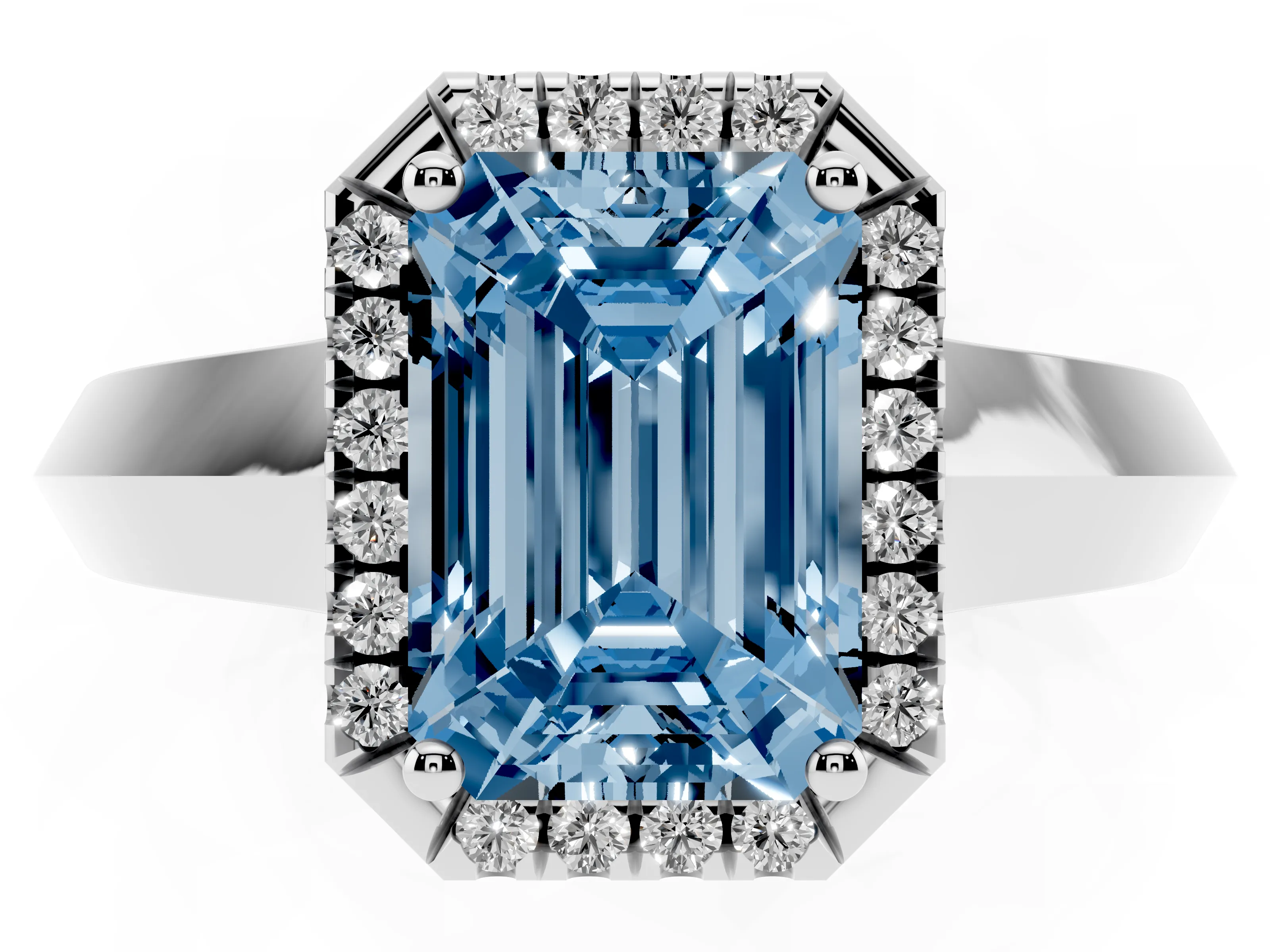 Fancy Blue Emerald Cut Diamond Halo Ring Set in White gold with Cathedral Band and Prong Setting