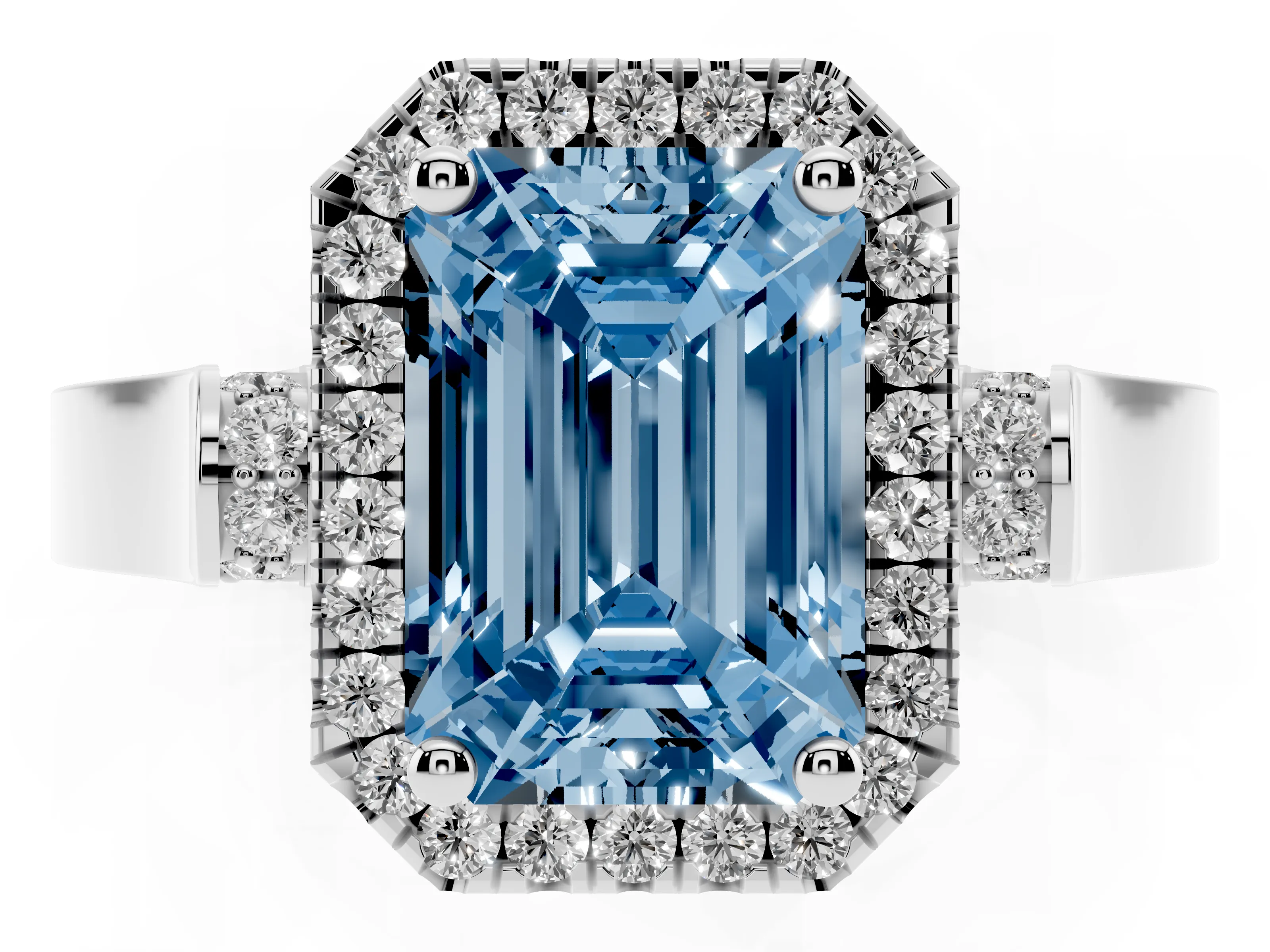 Fancy Blue Emerald Cut Diamond Halo Ring Set in Platinum with Pavé-Lined Split Shank Band