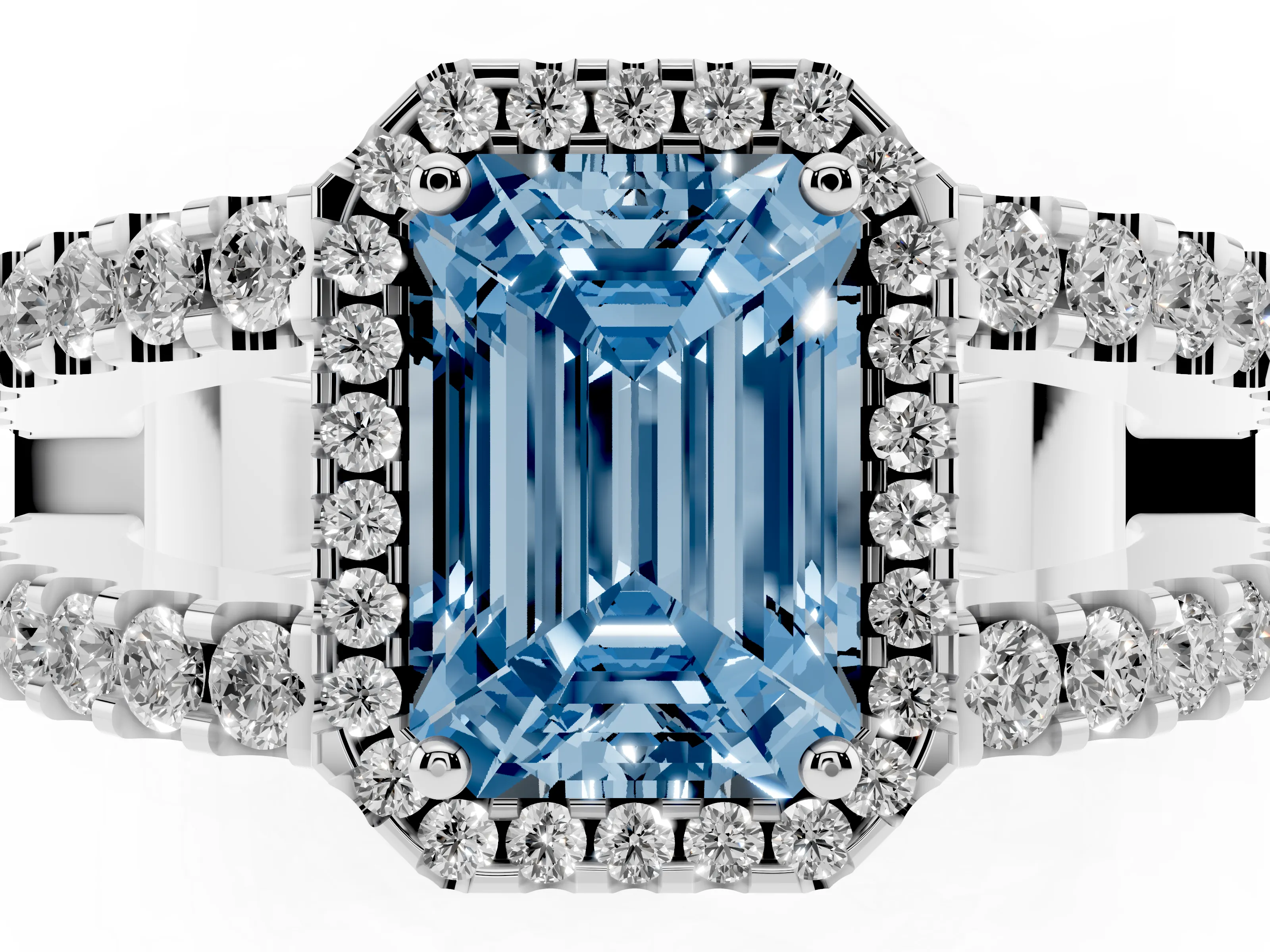 Fancy Blue Emerald Cut Diamond Halo Ring Set in White gold with Pavé Split Shank and Prong Setting