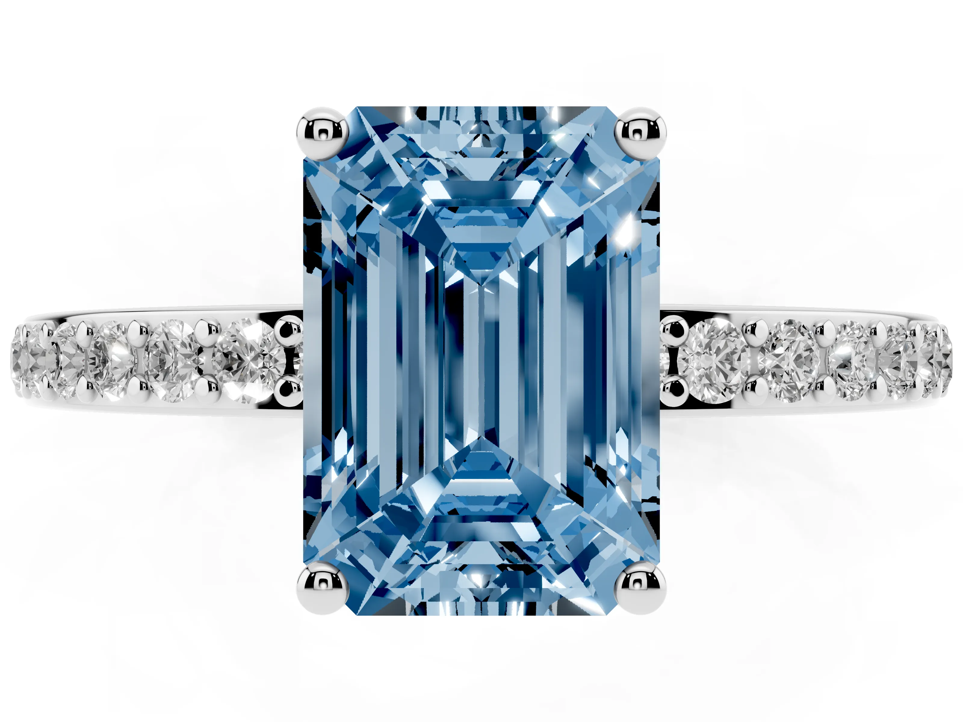 Fancy Blue Emerald Cut Diamond Pavé Band Ring Set in Silver with Prong-Set Center Stone