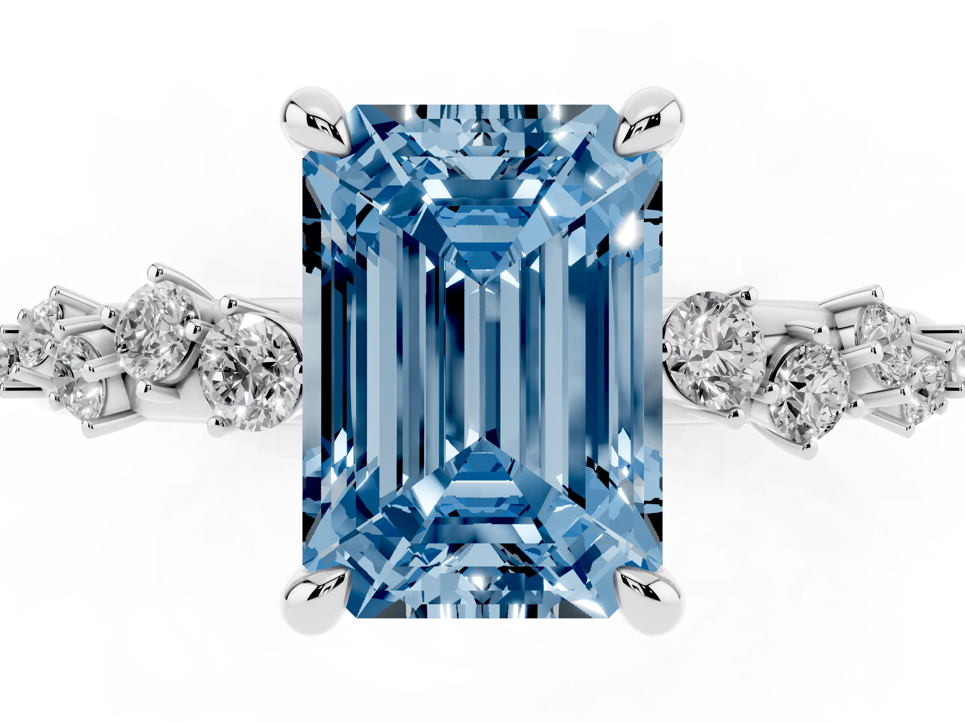 Fancy Blue Emerald Cut Diamond Solitaire Vine Band Ring Set in Platinum with Round Accents and Prong Setting