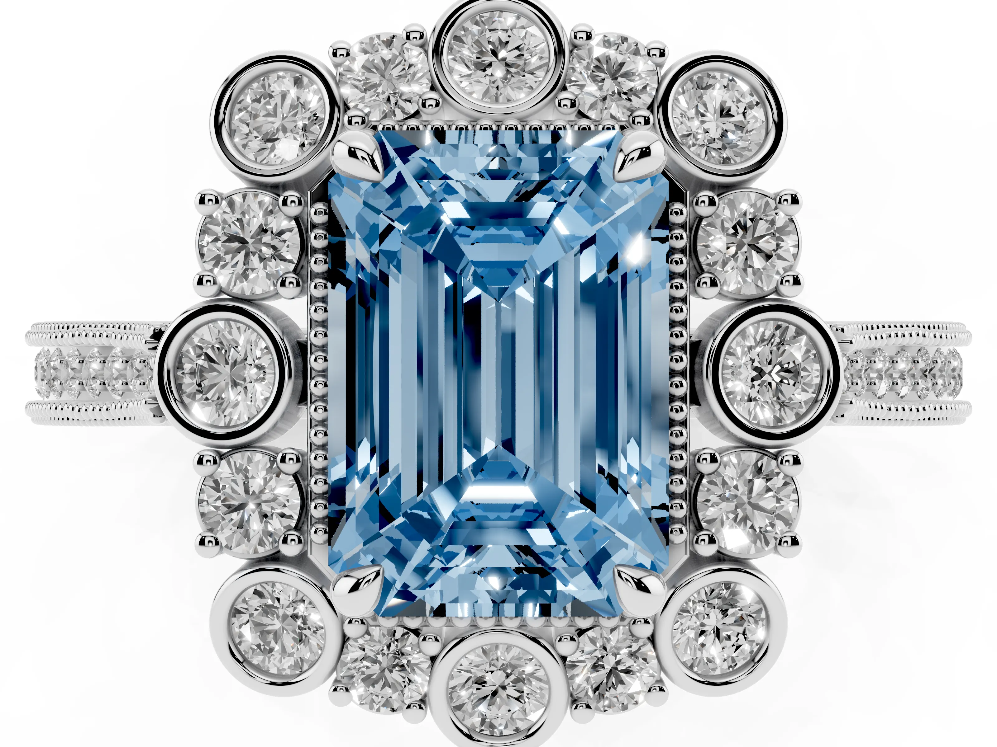 Fancy Blue Emerald Cut Diamond Halo Milgrain Pavé Ring Set in White gold with Prong Setting