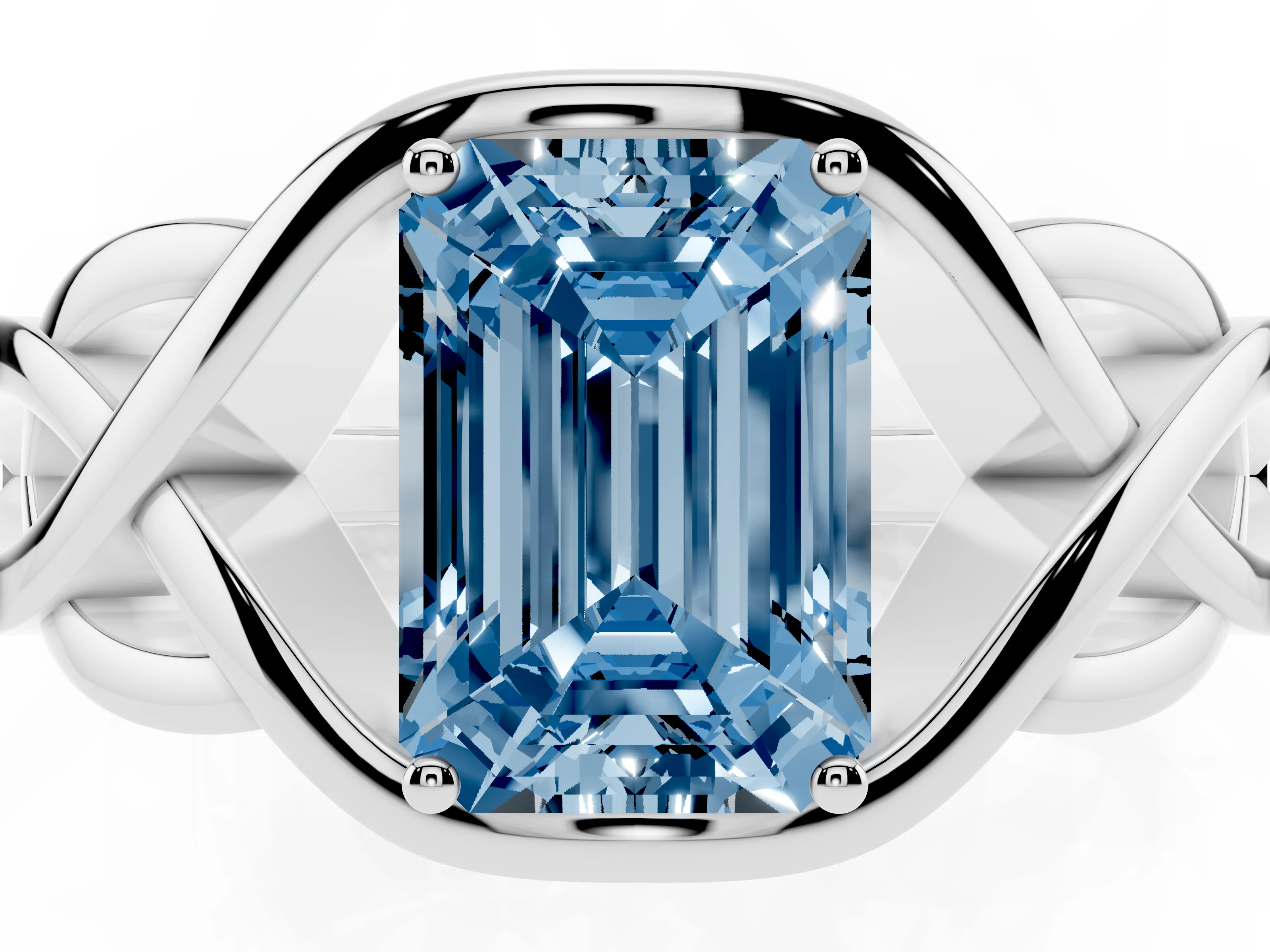 Fancy Blue Emerald Cut Diamond Solitaire Ring Set in Platinum with Intertwined Band