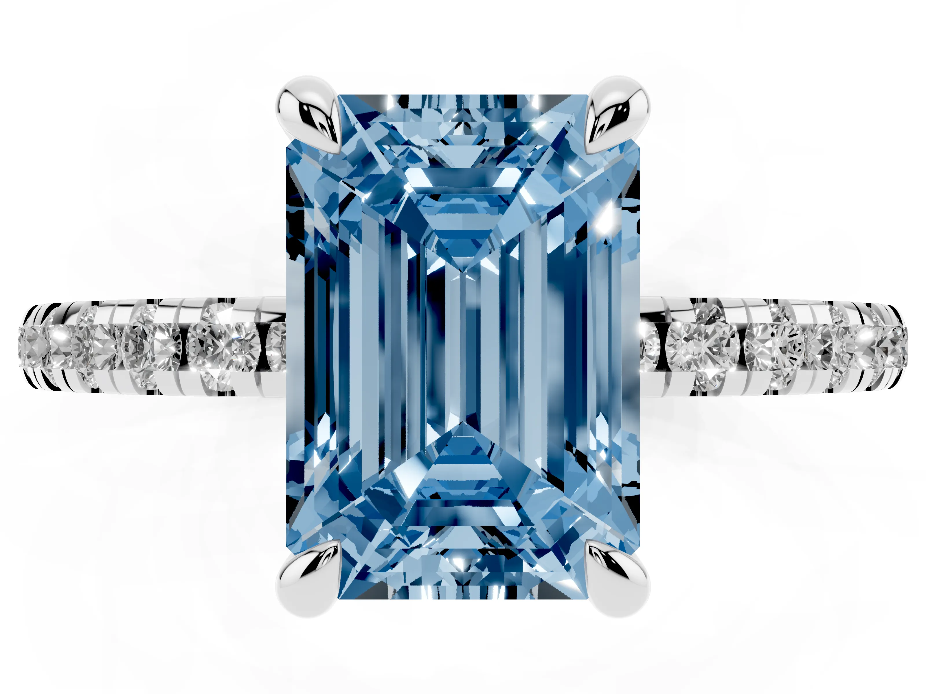 Fancy Blue Emerald Cut Diamond Brilliant Solitaire Ring Set in White gold with Pavé Band and Prong Setting